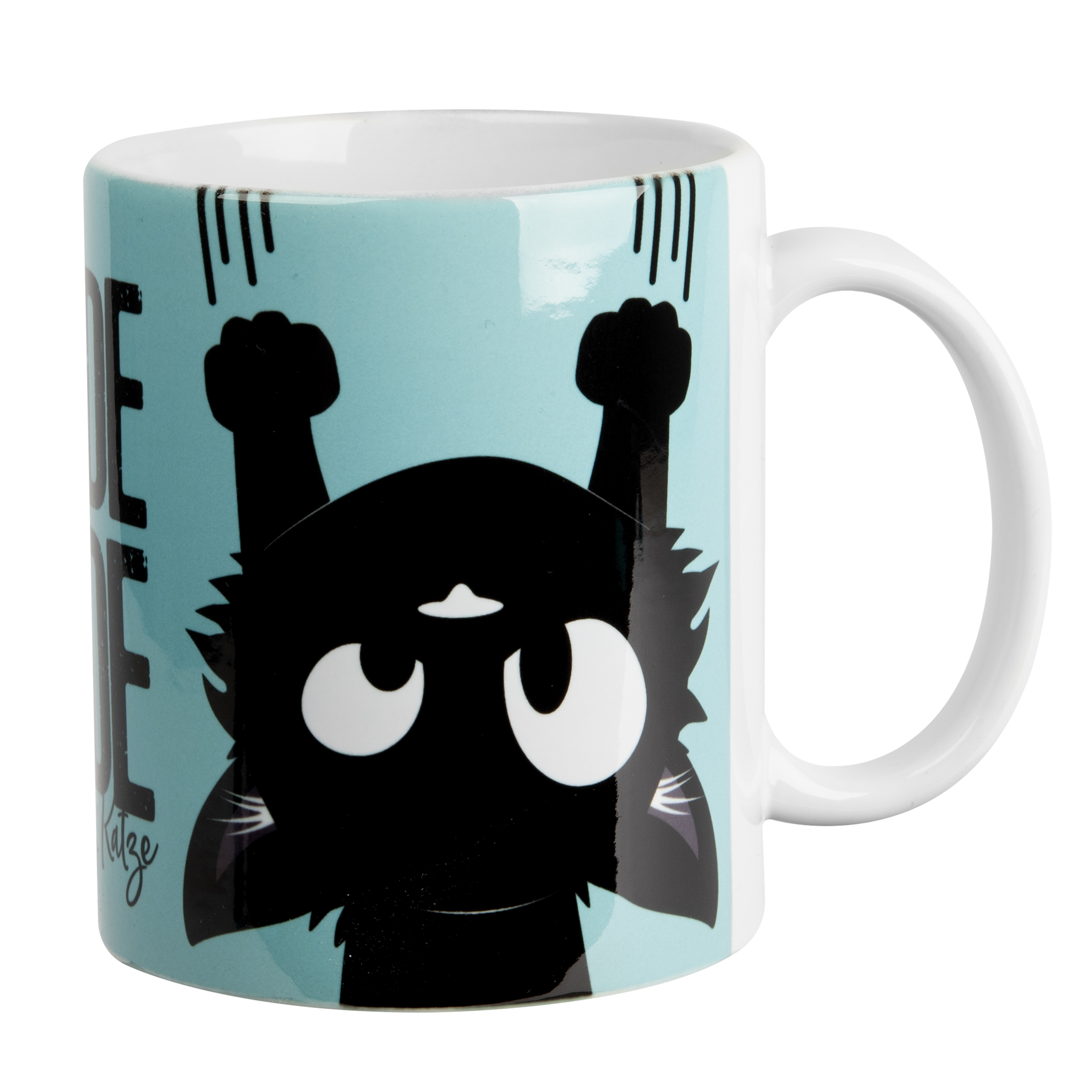 Weißer Kaffeebecher mit schwarzem Katzenmuster und blauem Hintergrund.