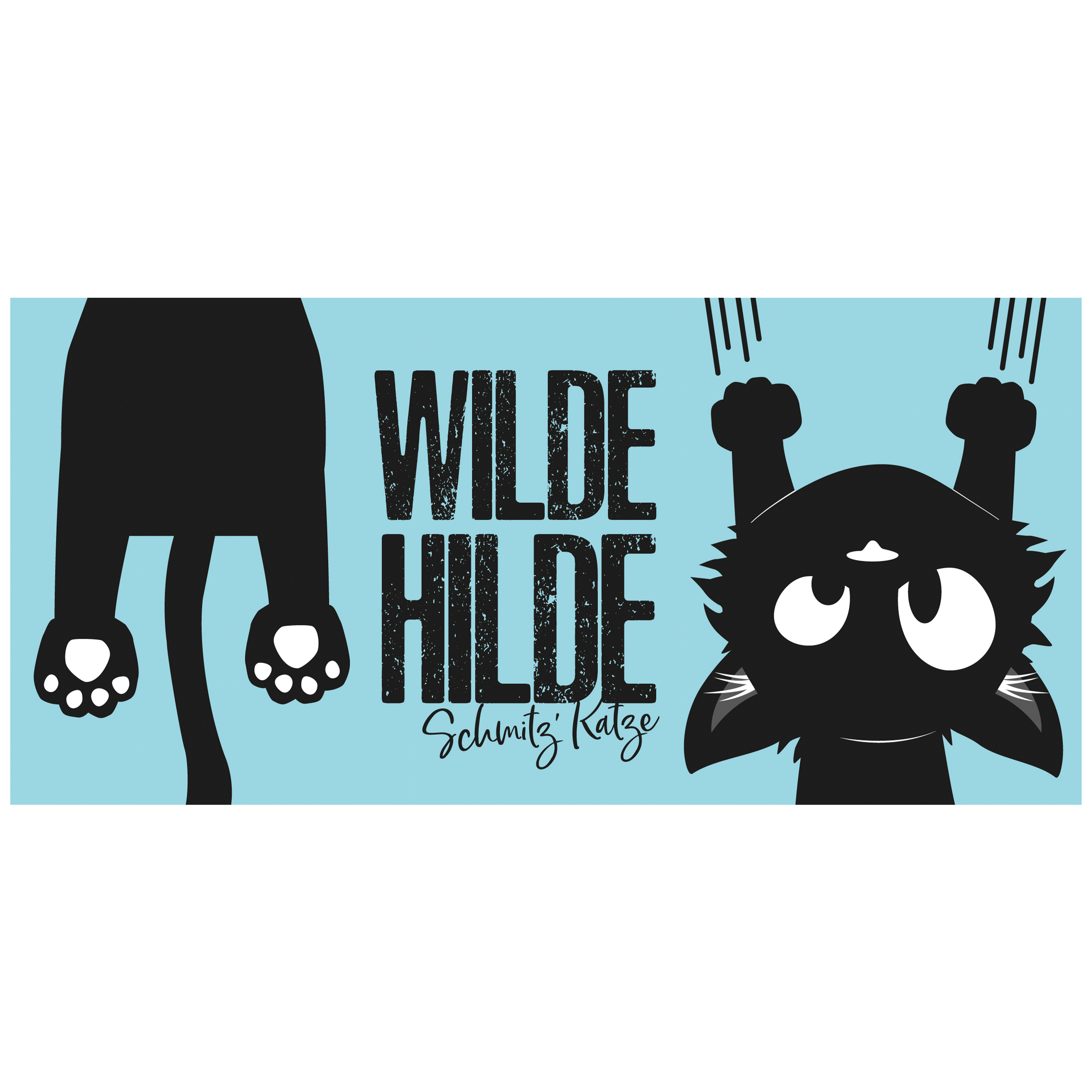 Schwarzer Katzen-Cartoon mit Text: WILDE HILDE und einem Logo. Die Katze hängt kopfüber und kratzt.