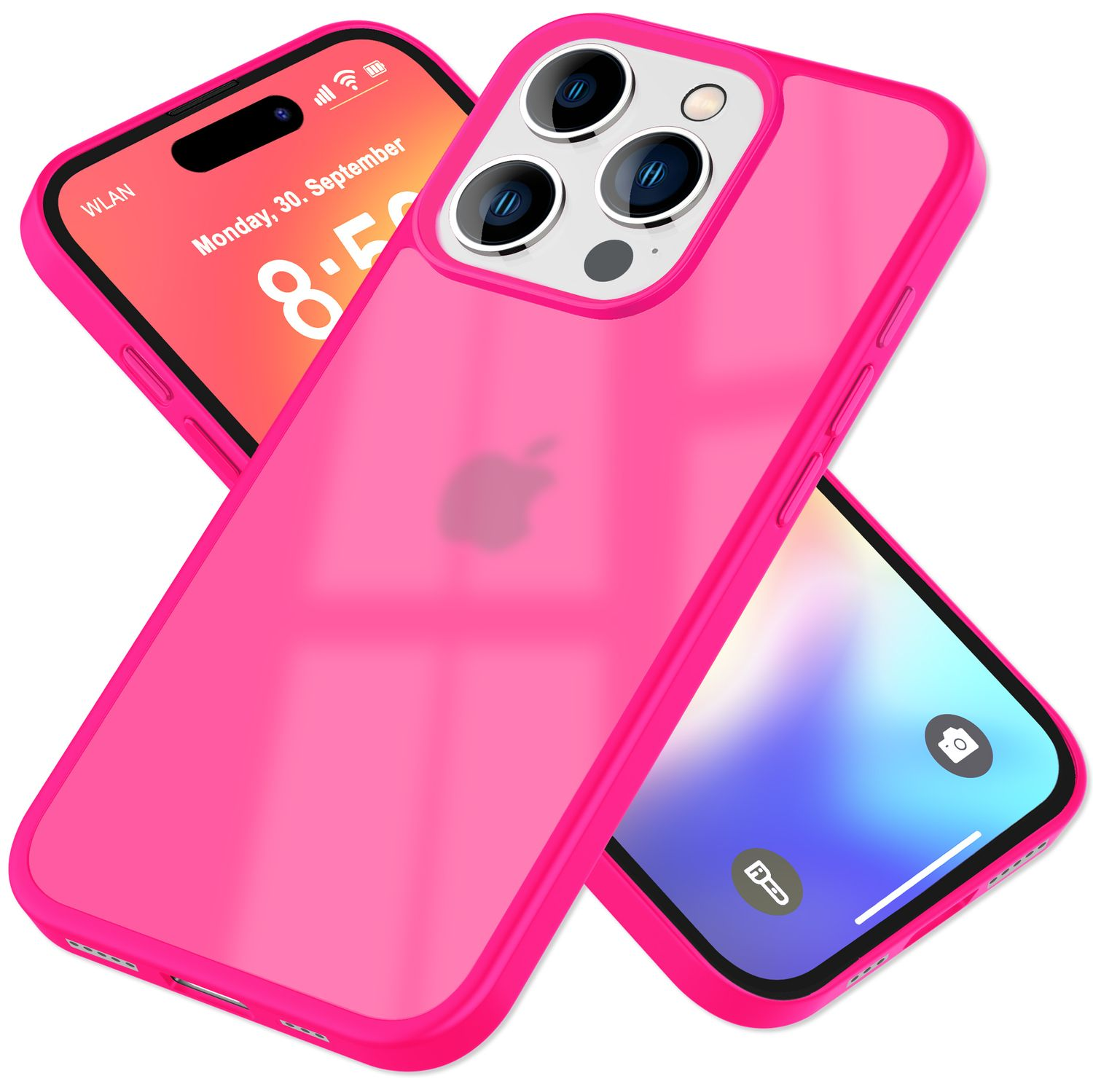 iPhone 14 Pro en una funda rosa. El teléfono muestra la fecha y la hora. Un segundo teléfono está detrás.