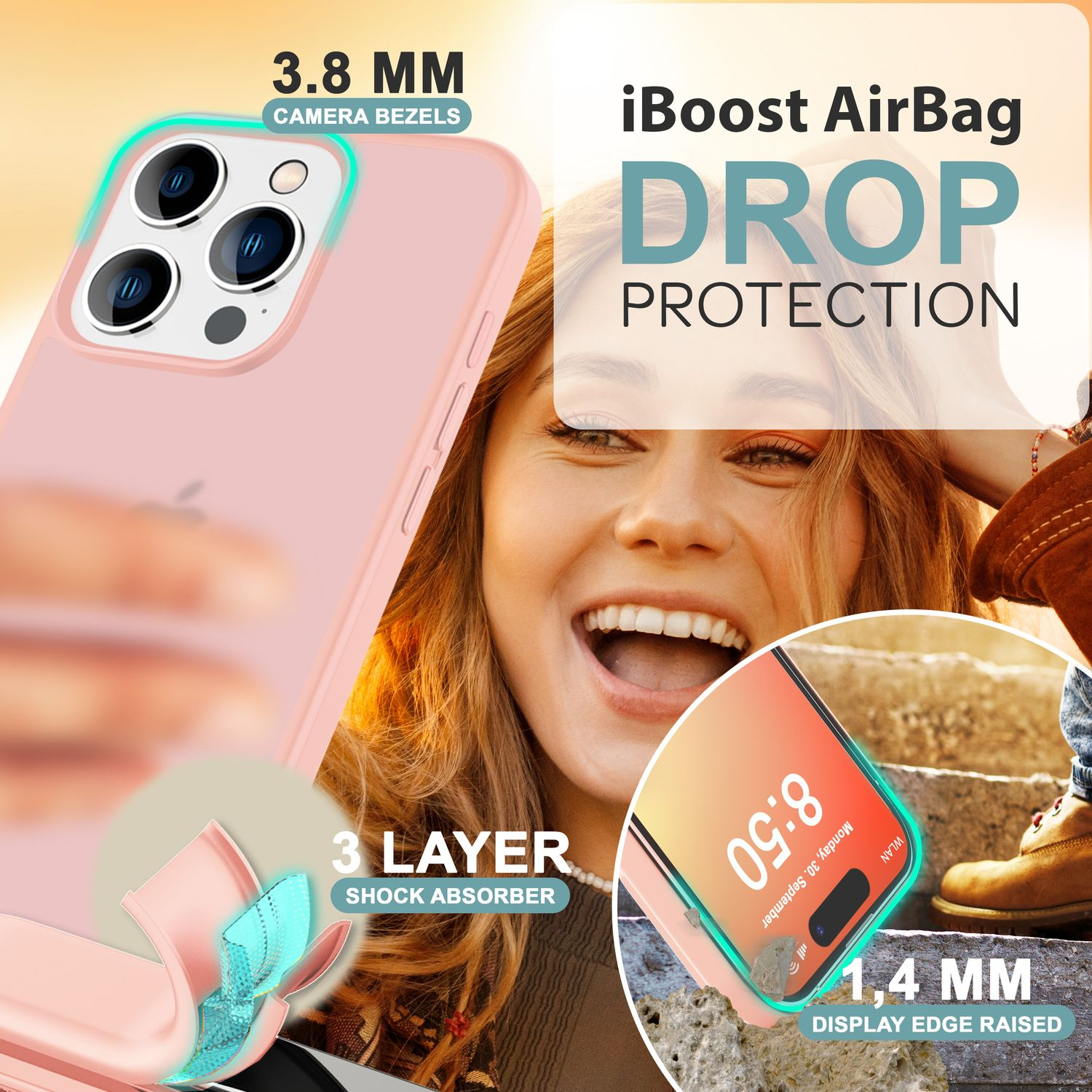 Funda rosa para teléfono en un teléfono, mujer sonriendo al fondo. Texto sobre protección contra caídas y biseles.