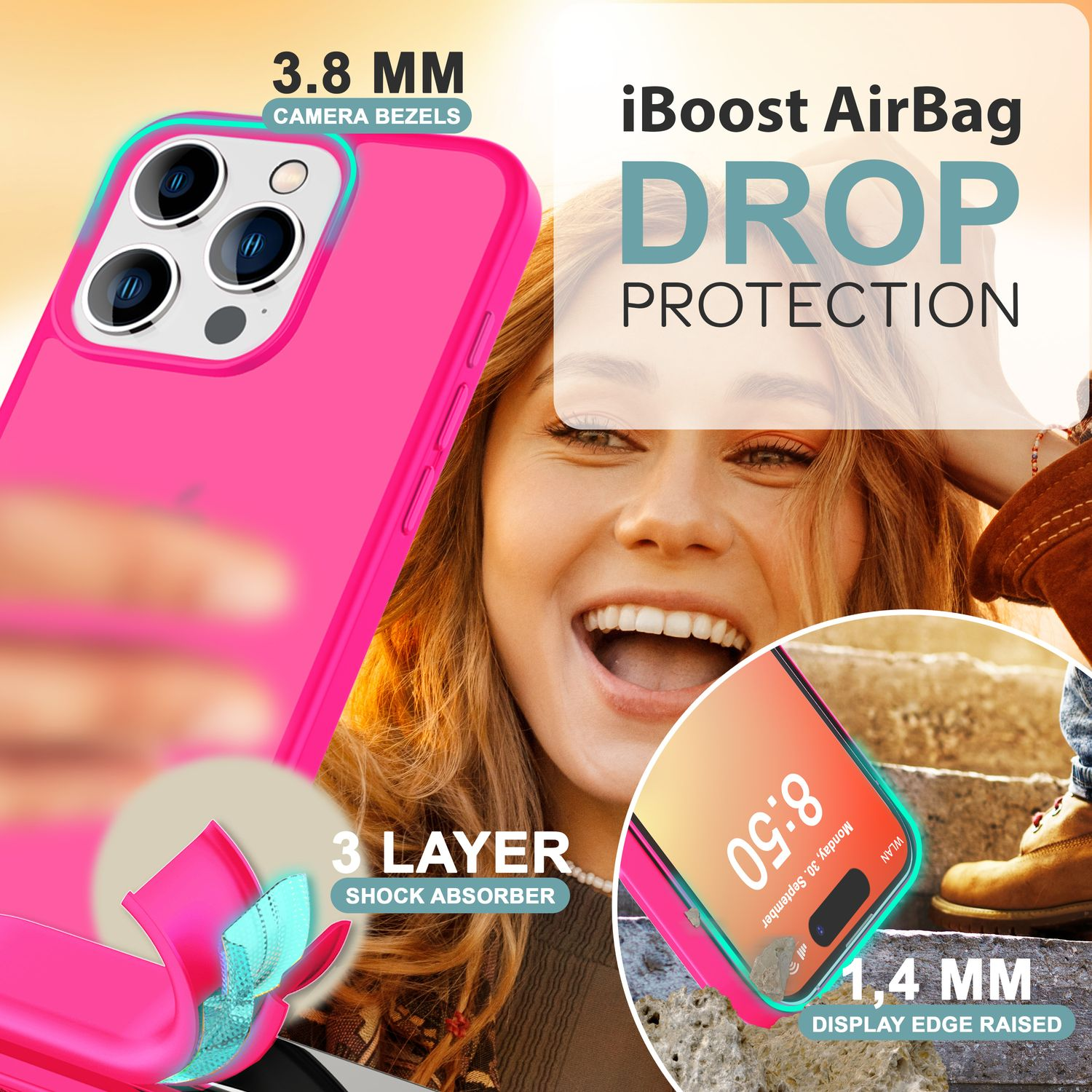 Se muestra una funda de teléfono rosa con la cara de una mujer en el fondo y texto en la funda.