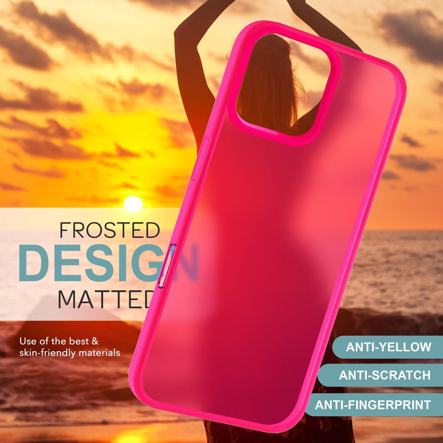 Funda de teléfono rosa contra un fondo de puesta de sol. Texto: Esmerilado, Diseño, Mate. Antiamarillo, arañazos, huellas dactilares.