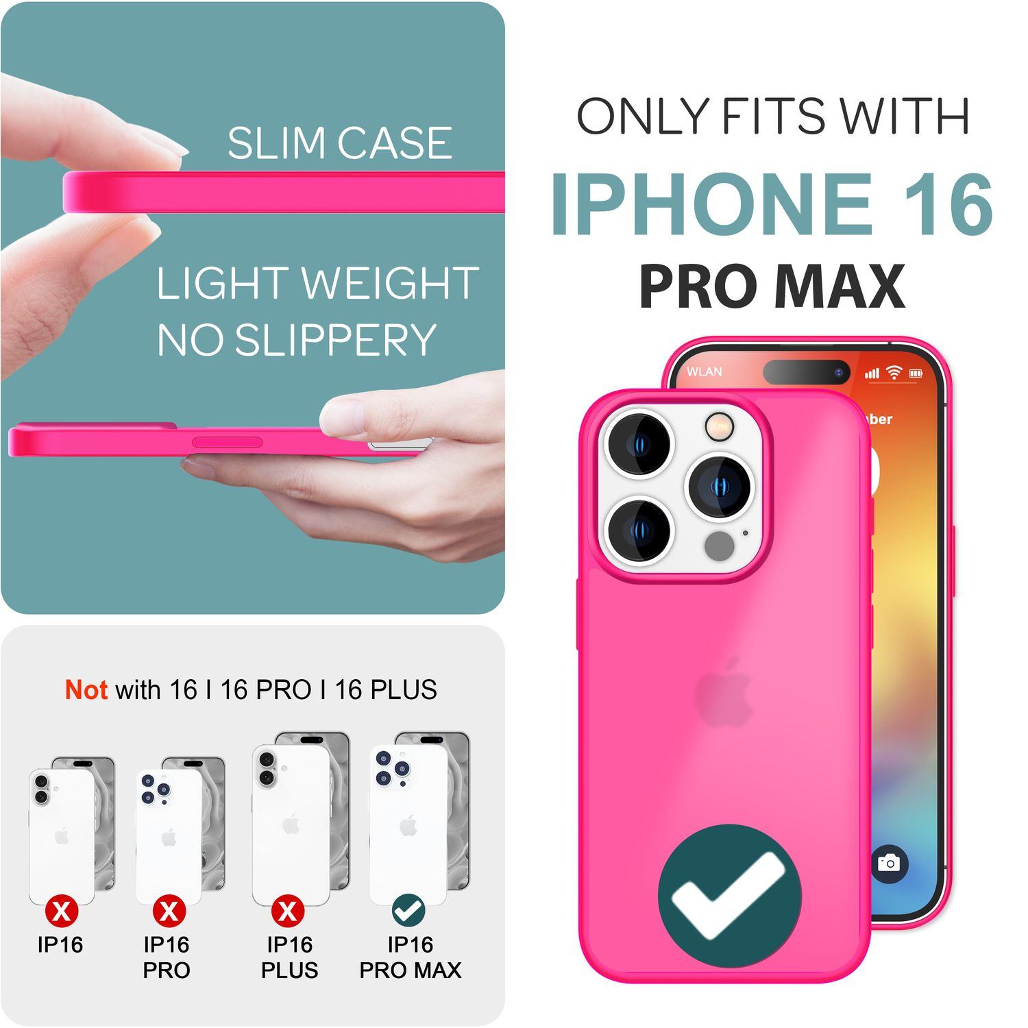 Una funda rosa para teléfono junto a un iPhone 16 Pro Max. El texto dice que solo se ajusta a este modelo.