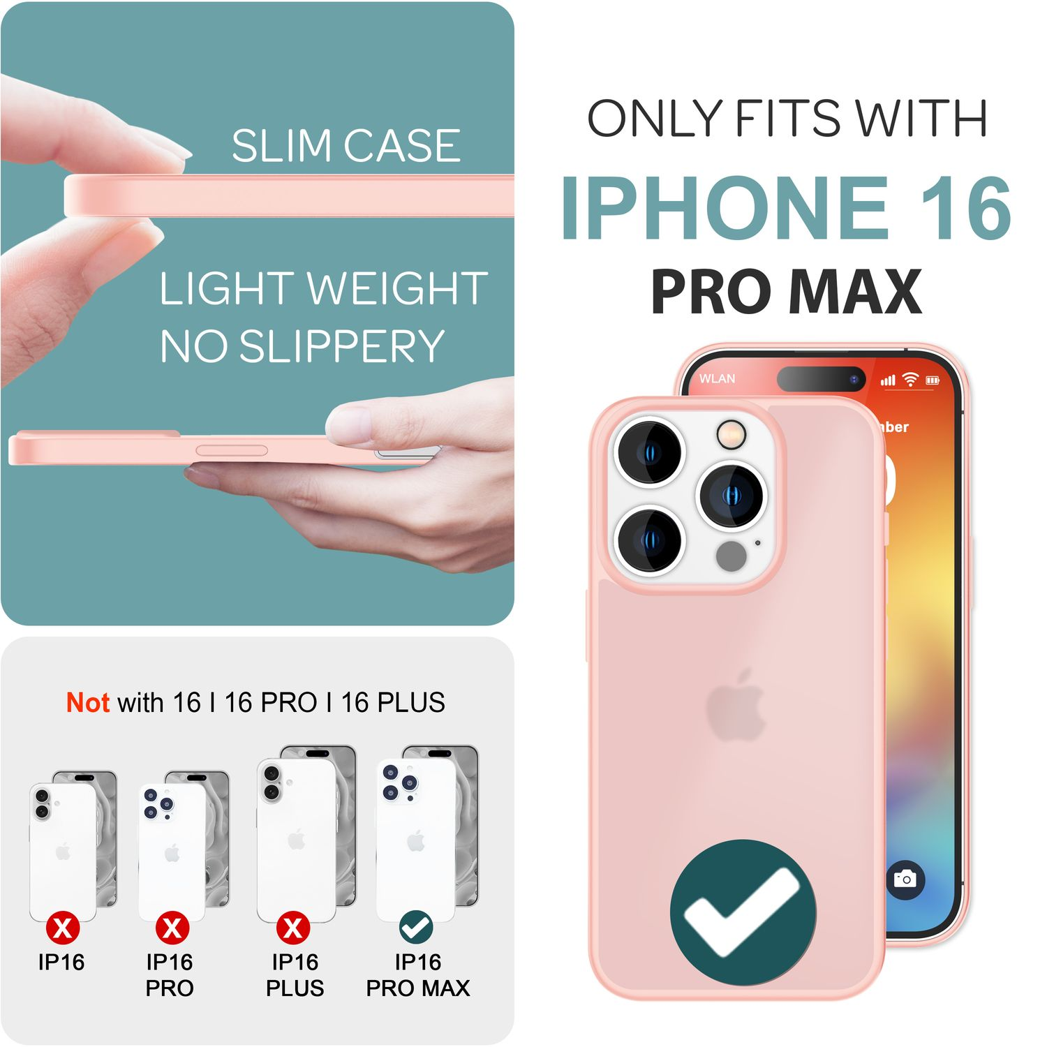 Funda rosa para iPhone 16 Pro Max con teléfono dentro. Otros modelos están marcados con cruces rojas.