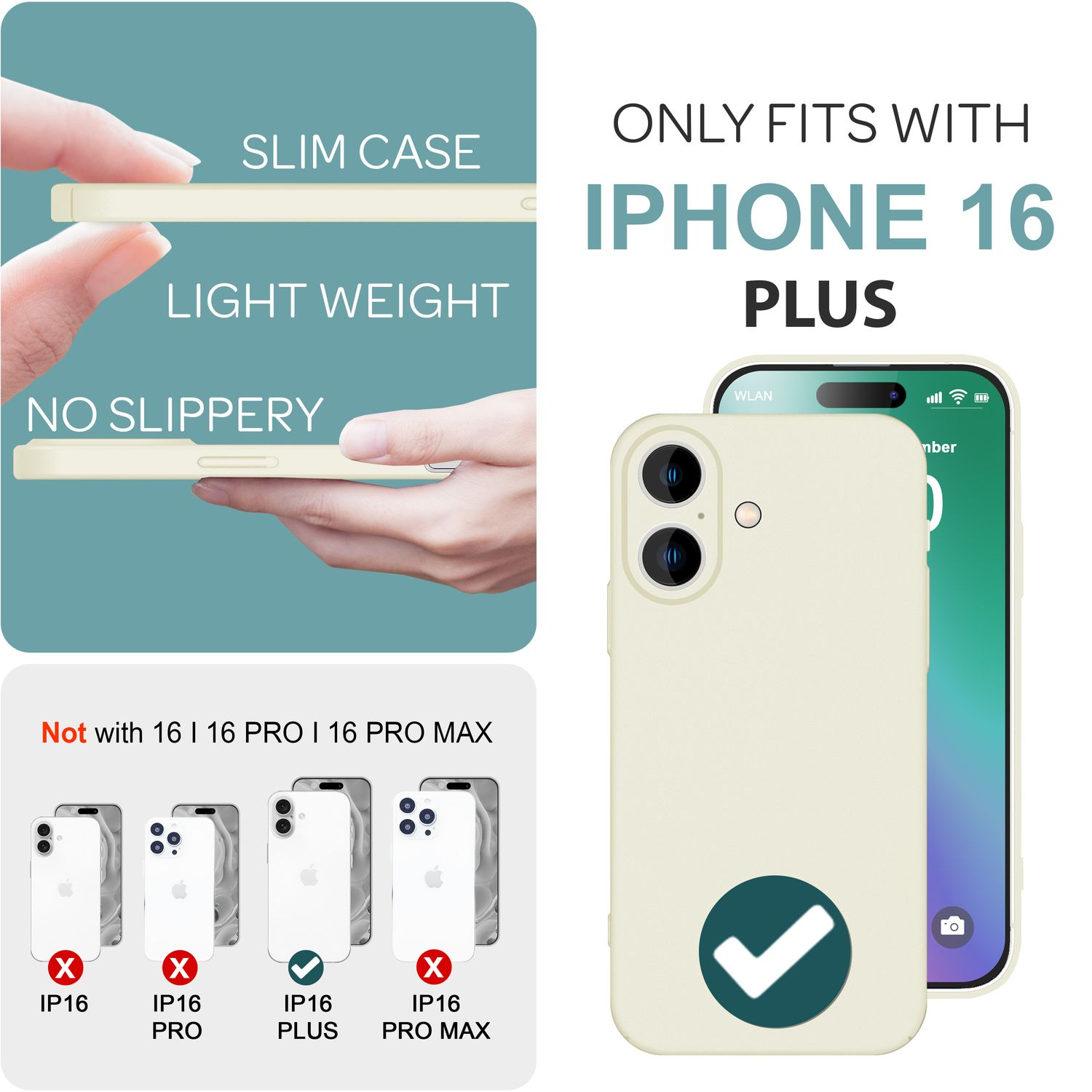 Eine weiße iPhone 16 Plus Handyhülle. Die Hülle hat ein schlankes Design und Text, der darauf hinweist, dass sie nur für iPhone 16 Plus passt.