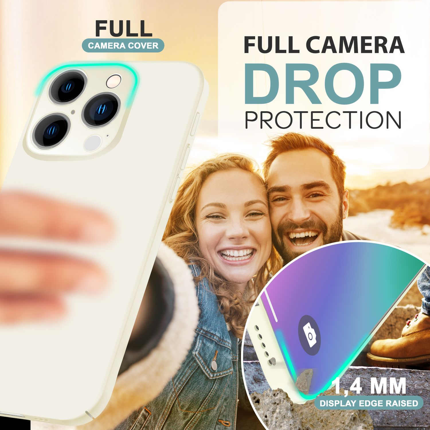 Eine Handyhülle mit einer Frau, die ein Selfie mit einem Mann macht. Die Hülle schützt das Telefon, hat einen erhöhten Rand.