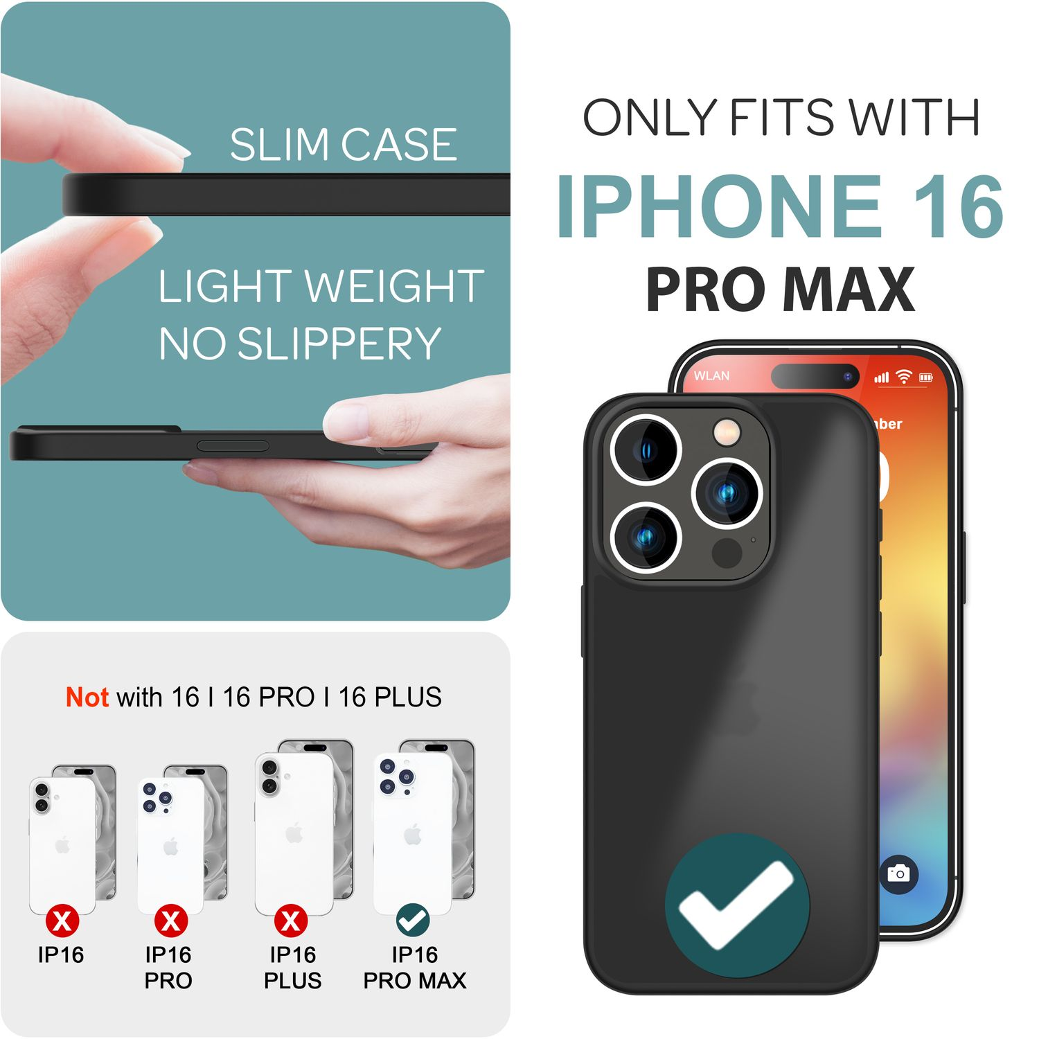 Schwarze Handyhülle auf einem Telefon, das zeigt, dass die Hülle für das iPhone 16 Pro Max passt.