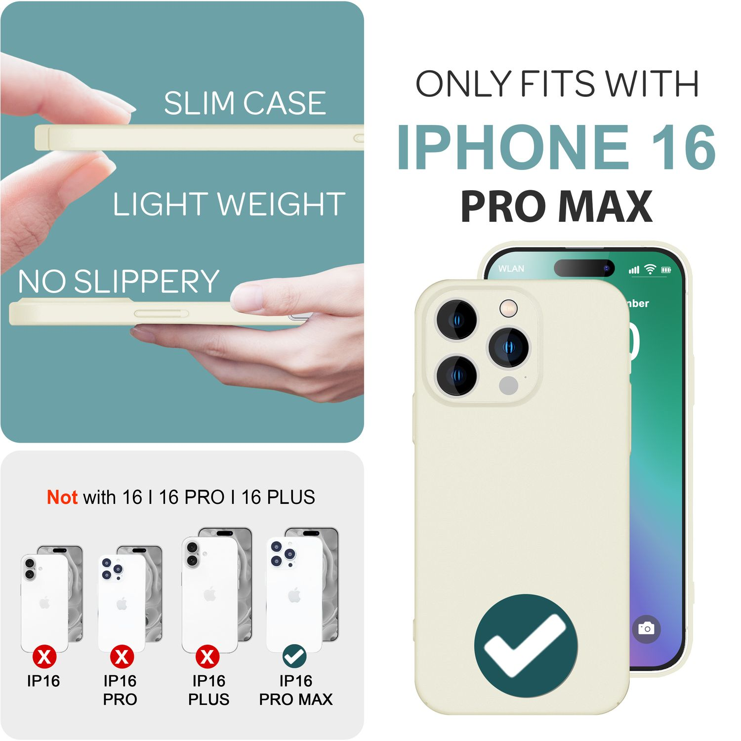 Weiße Handyhülle mit Telefon, Text weist darauf hin, dass sie nur für iPhone 16 Pro Max passt.