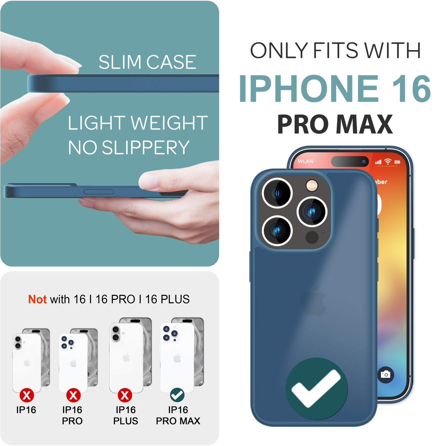 Blaue Handyhülle neben einem iPhone 16 Pro Max, mit Text über Funktionen und Kompatibilität.