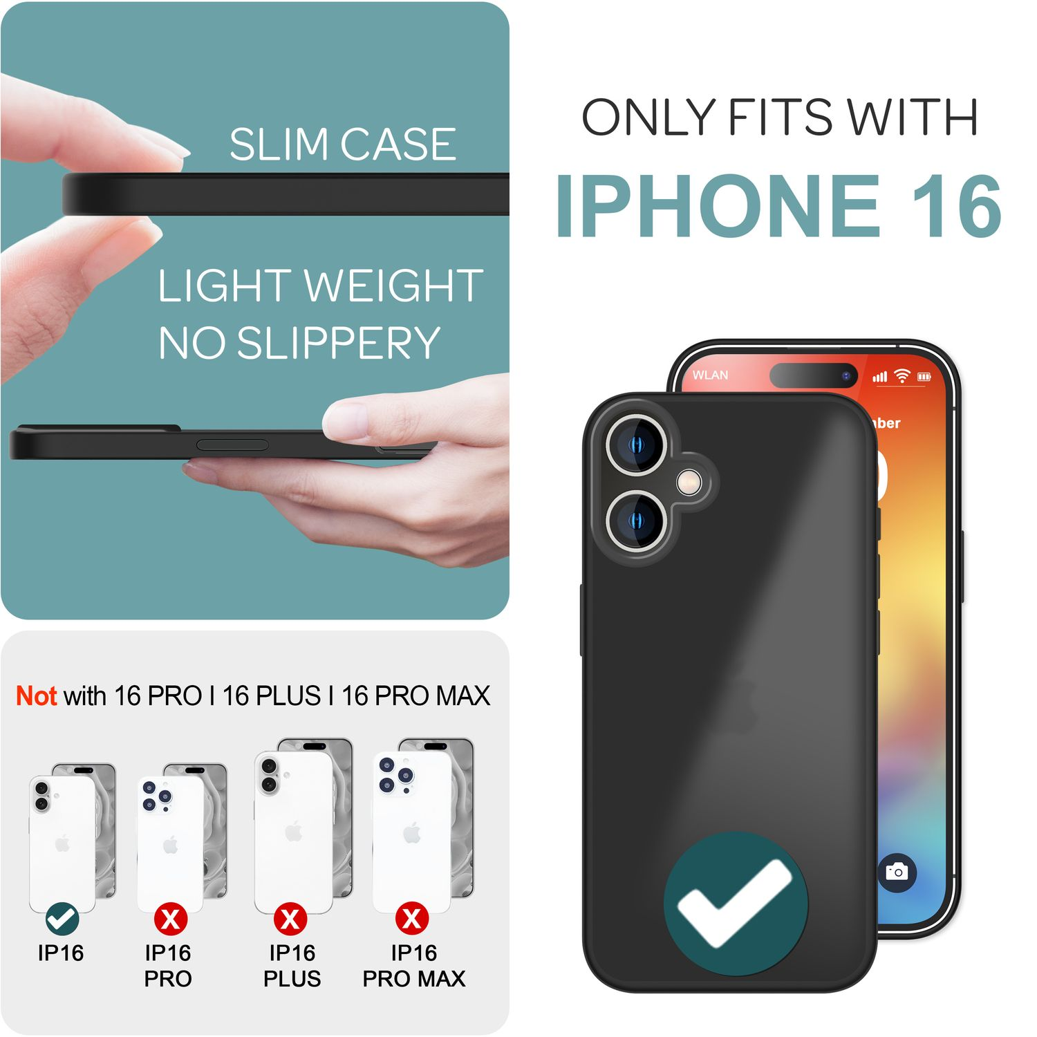 Custodia nera per telefono su sfondo bianco. C'è un telefono e un testo sull'iPhone 16.