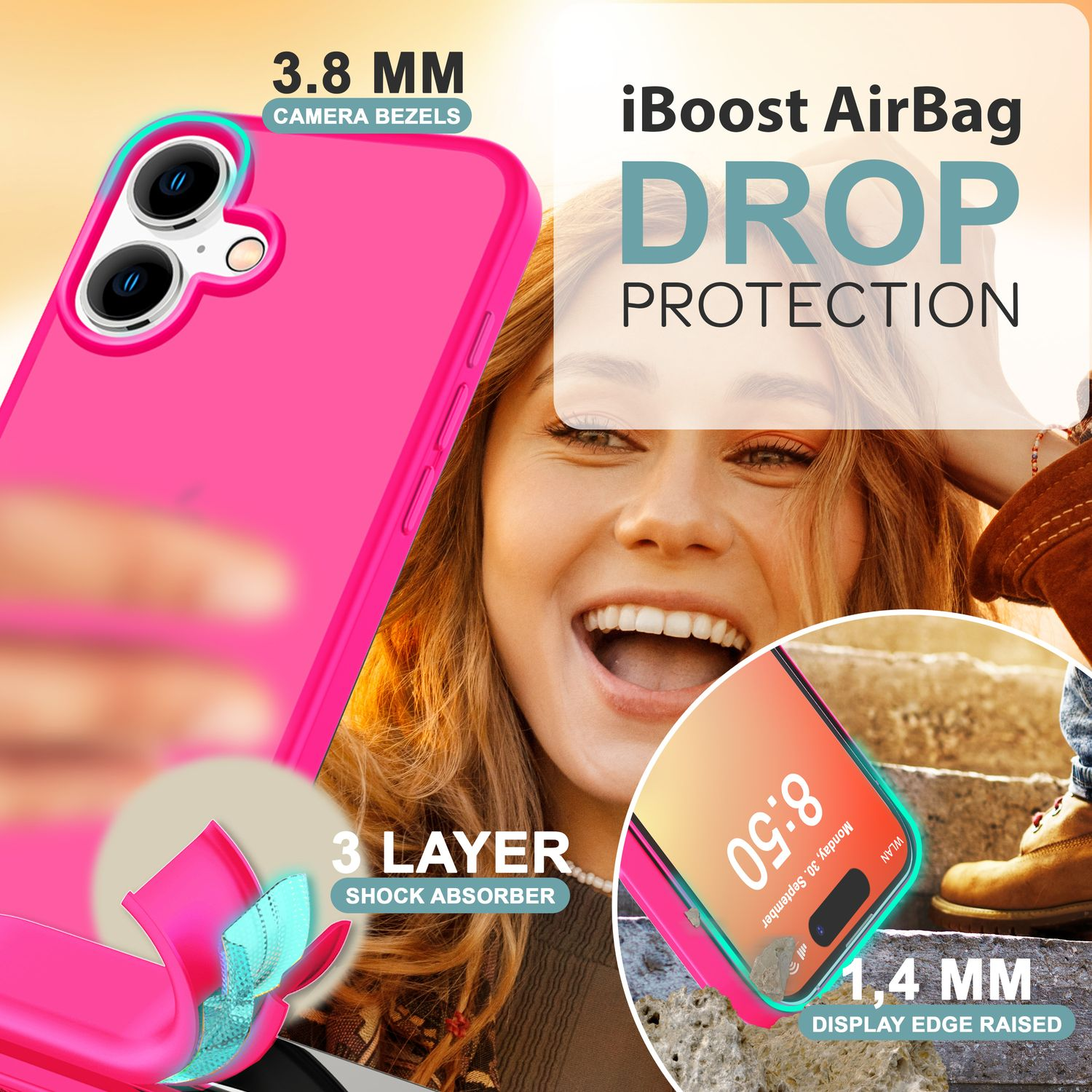 Rosa Handyhülle mit Text: iBoost AirBag DROP PROTECTION. Telefon mit sichtbarer App.