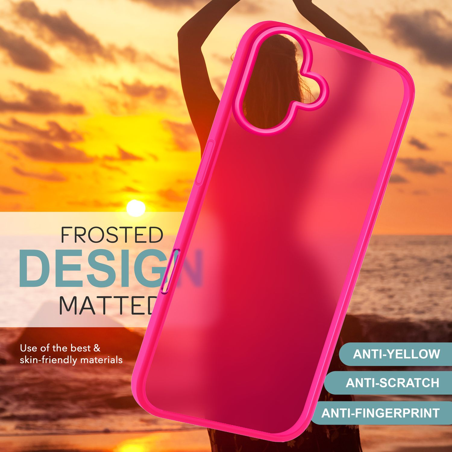 Rosa Handyhülle mit mattiertem Design. Text auf der Hülle lautet 'frosted design matted'. Weißer, blauer und rosa Hintergrund.