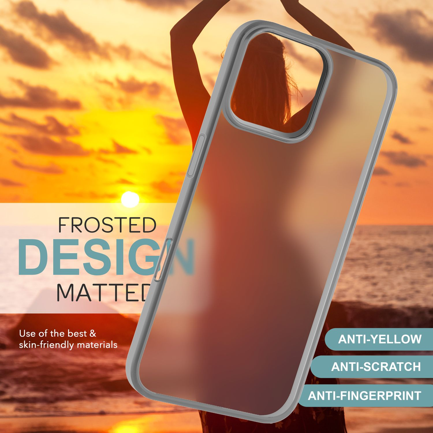 Funda transparente para teléfono en un fondo de puesta de sol. Texto: 'Frosted Design Mated'.