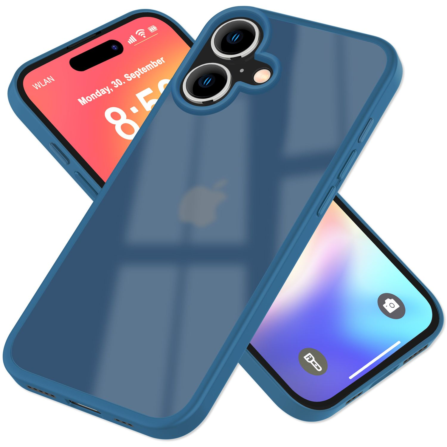 Blaue Handyhülle und Handy. Telefon zeigt Benutzeroberfläche und Apple-Logo. Weißer Hintergrund.