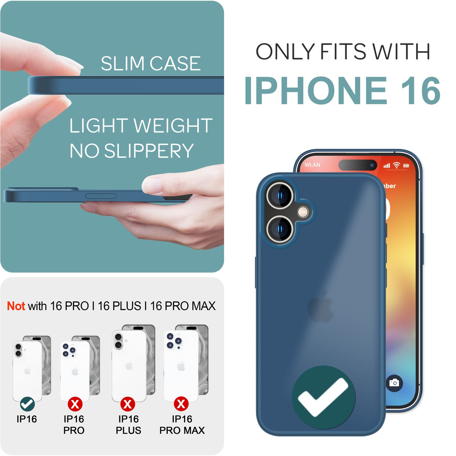 Blaue Handyhülle für iPhone 16, mit Text, weißer Hintergrund.
