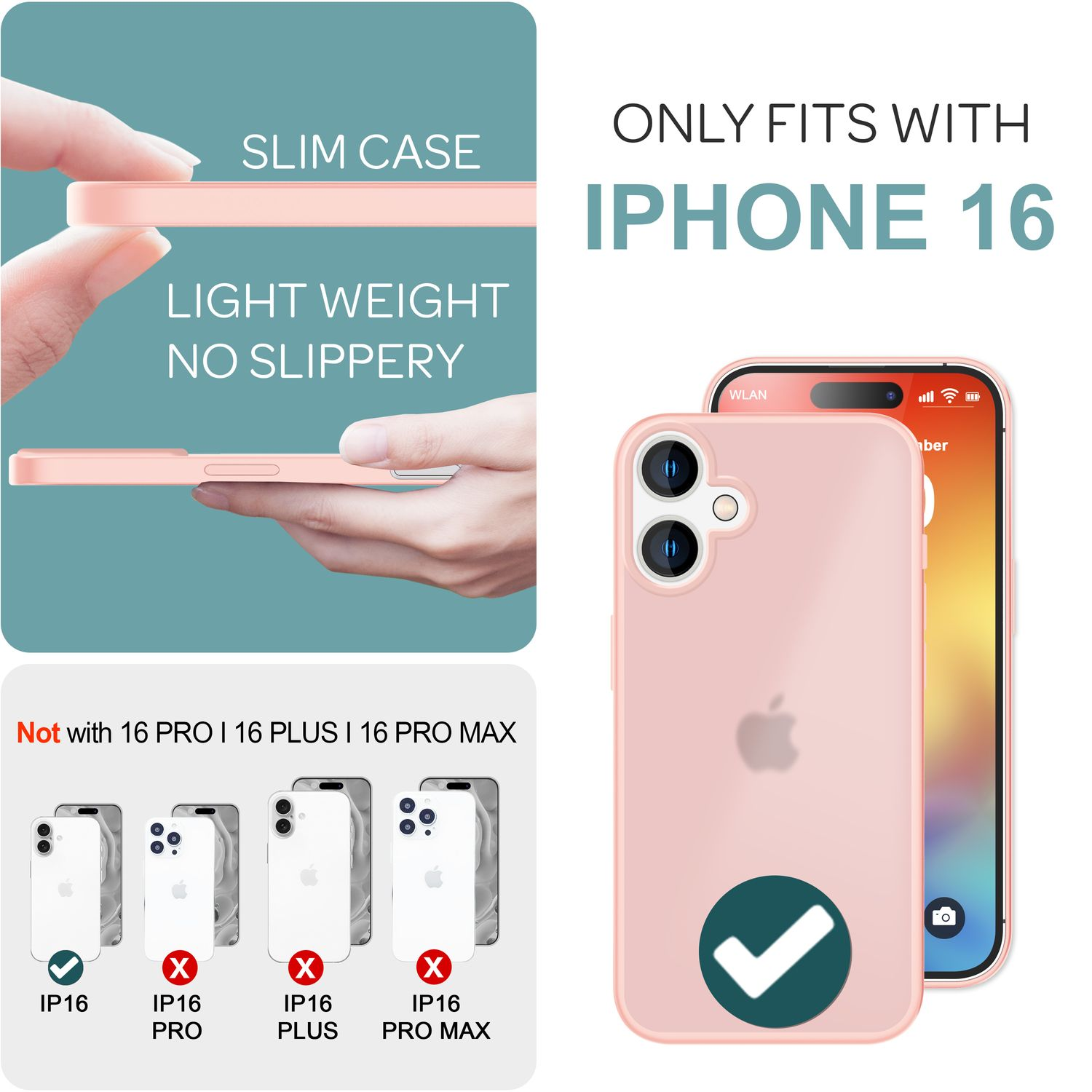 Una custodia rosa per iPhone 16 Plus. La custodia ha un design sottile e un testo che indica che si adatta solo all'iPhone 16 Plus.