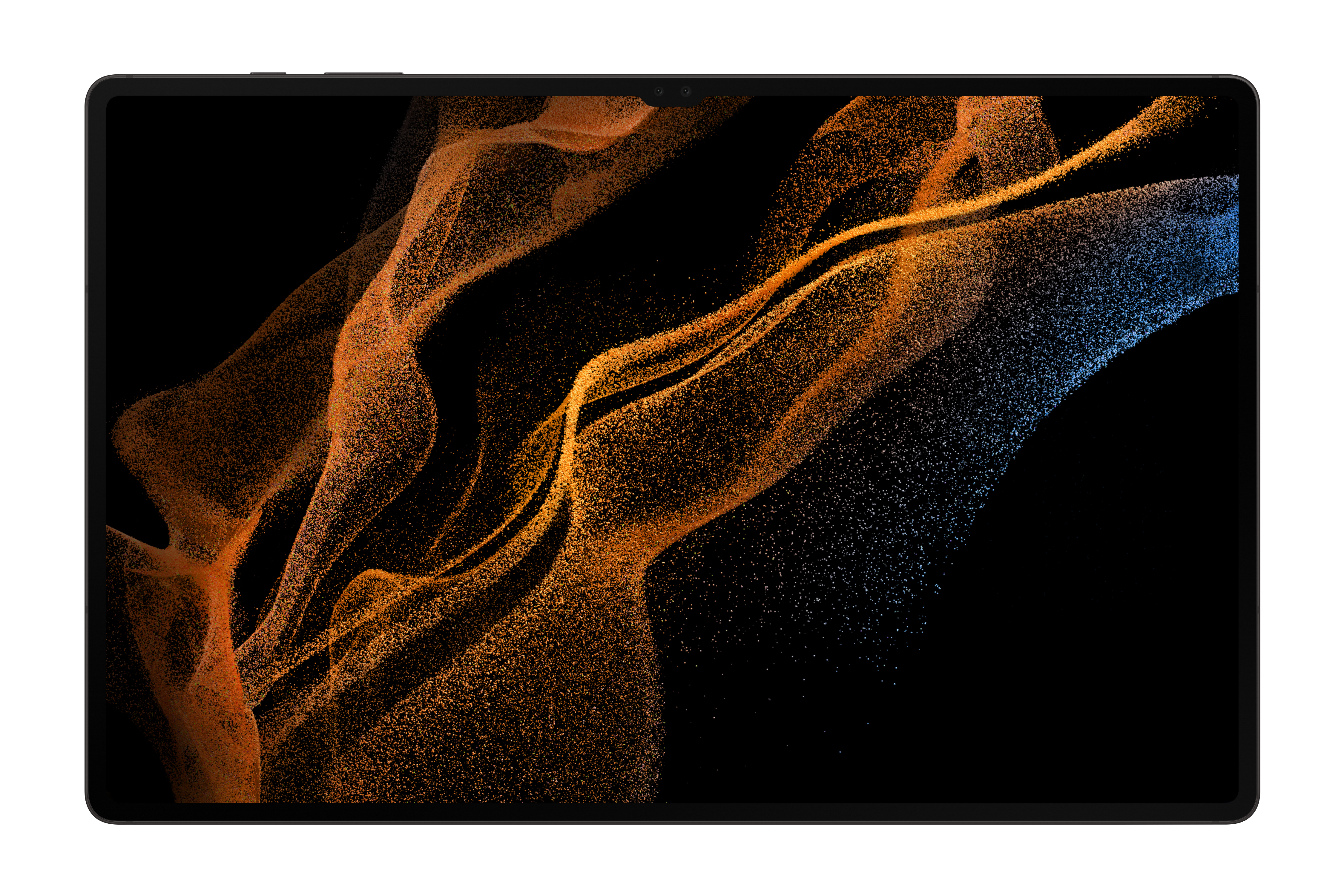 Tablet wyświetlający kolorowy, abstrakcyjny wzór. Czarna ramka wokół ekranu. Tło jest czarne.