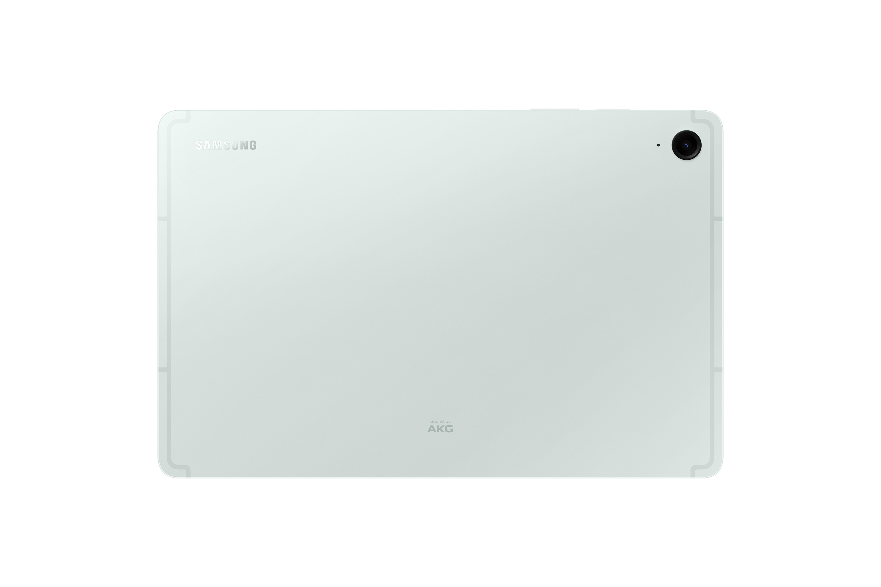 Die Rückseite eines hellgrünen Tablets. Es hat eine Kamera und das Wort SAMSUNG steht darauf.