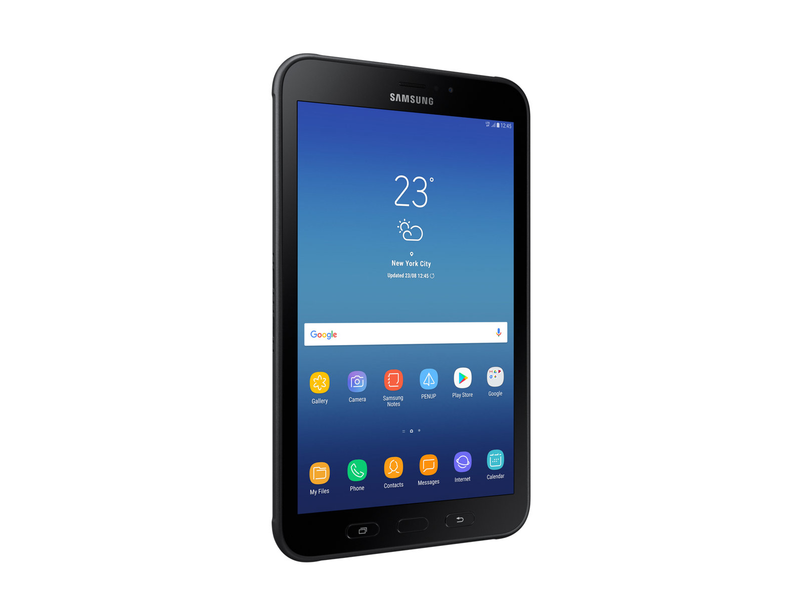 Schwarzes Samsung-Tablet mit Wetter-App und Symbolen auf weißem Hintergrund.