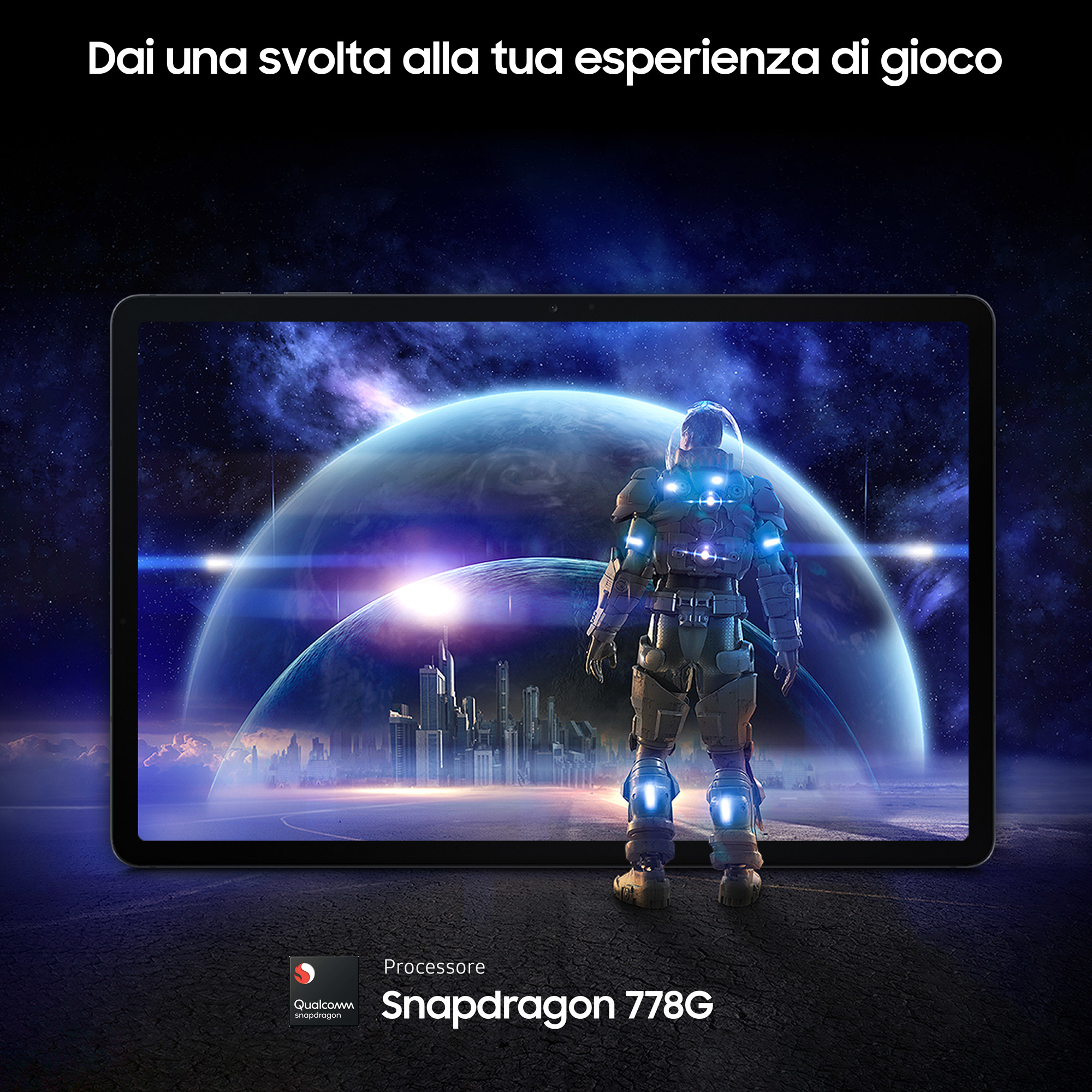 Ein Tablet mit einer Weltraumszene und einem Astronauten. Text sagt Snapdragon 778G Prozessor.