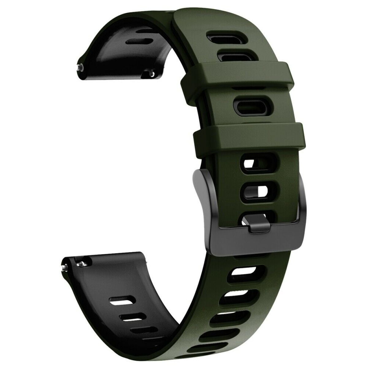 Ein grünes Uhrenarmband mit schwarzer Schnalle. Das Band hat Perforationen und befindet sich in einem Studio.