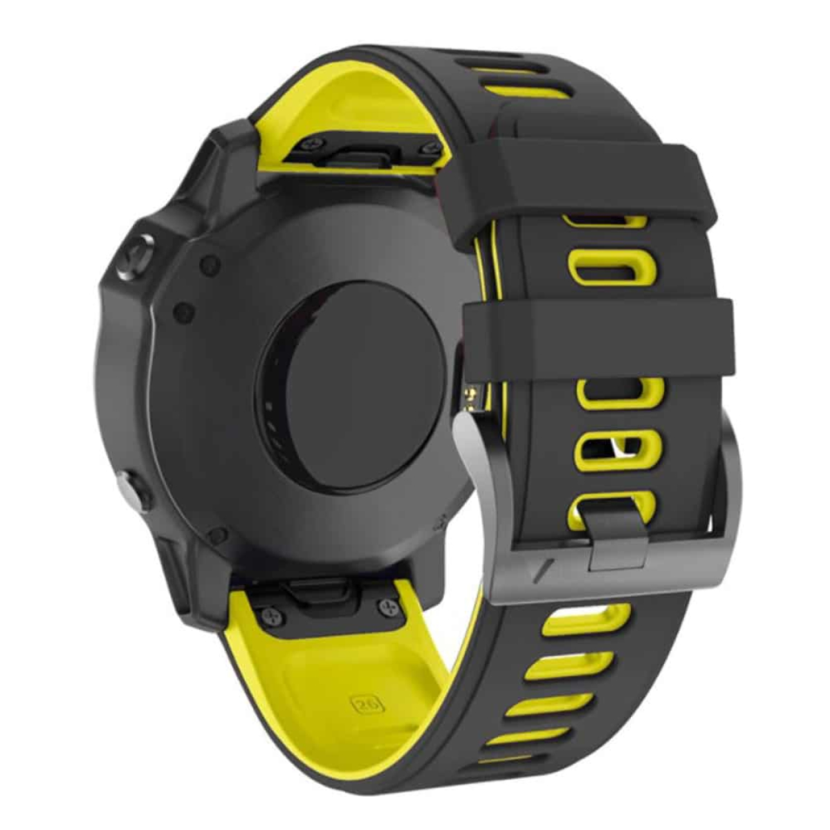 Eine schwarz-gelbe Smartwatch mit schwarzem Armband. Die Rückseite der Uhr ist sichtbar.