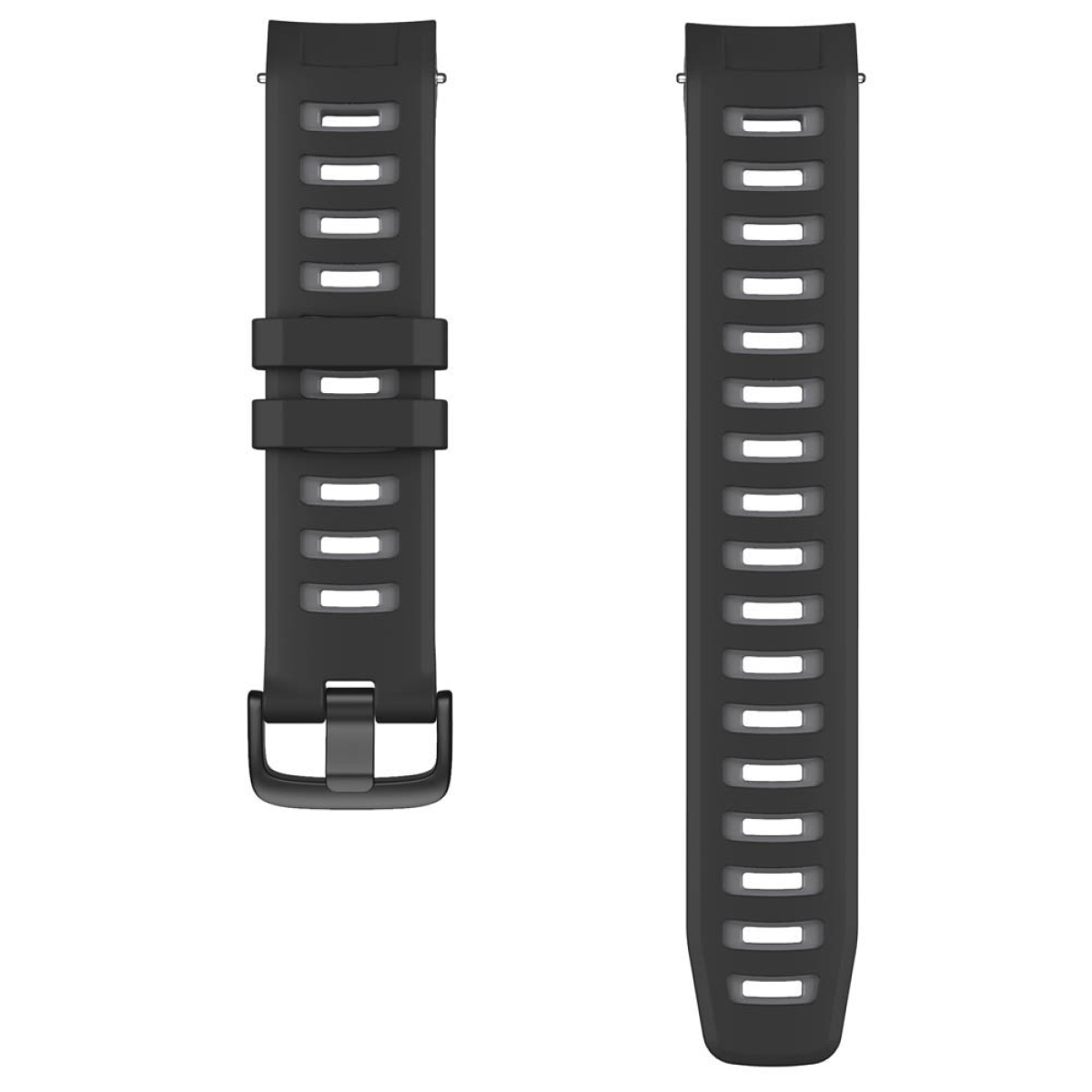 Zwei schwarze Uhrenarmbänder mit Löchern und einer Schnalle. Weißer Hintergrund. Für eine Smartwatch konzipiert.