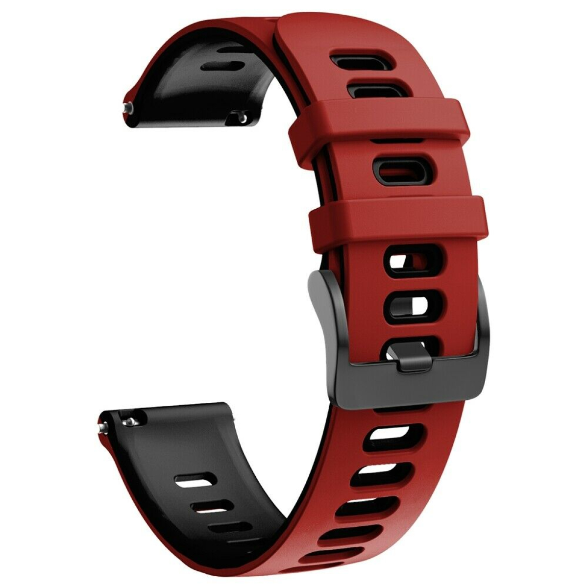 Rotes und schwarzes Armband. Rotes Band mit schwarzer Schnalle und schwarzer Unterseite.