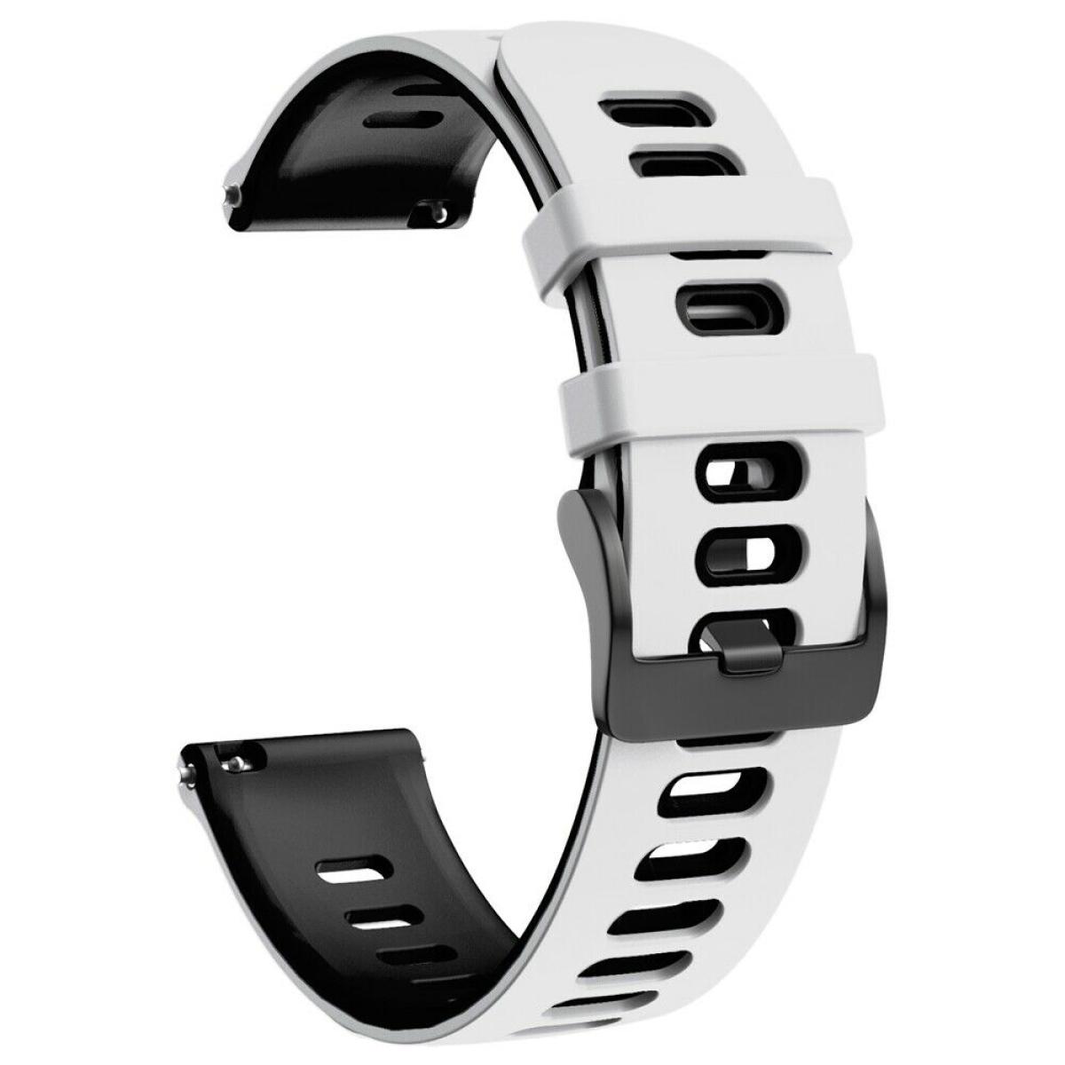 Weißes und schwarzes Armband. Weißes Armband mit schwarzer Schnalle und schwarzem Bandteil. Das Band ist gebogen.