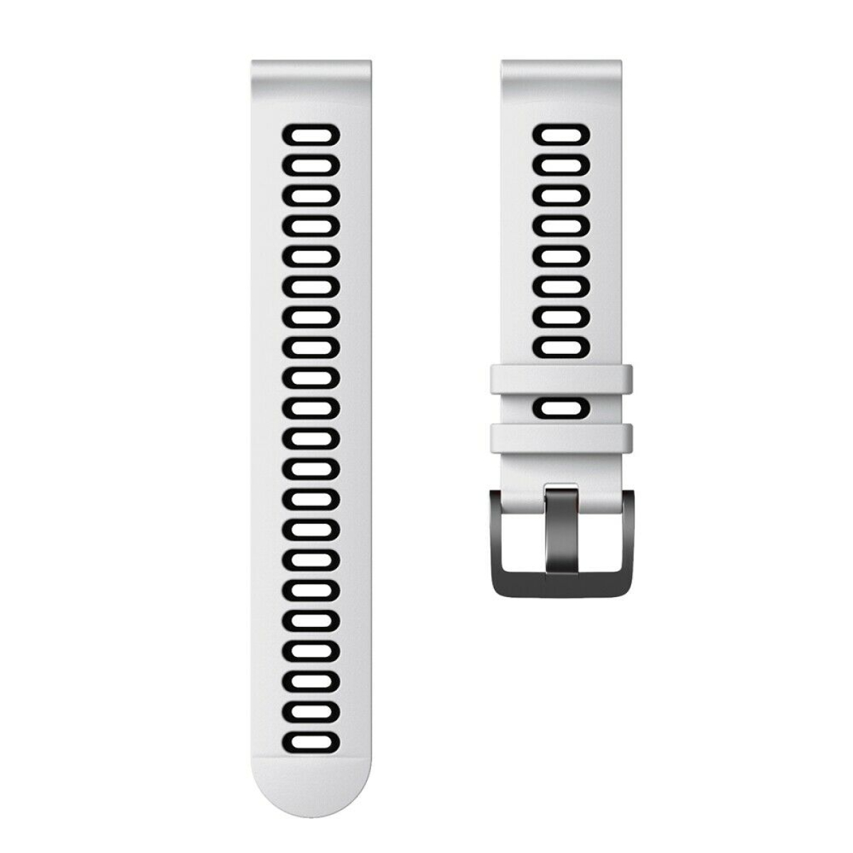 Zwei weiße Uhrenarmbänder mit Löchern und schwarzen Details auf weißem Hintergrund.