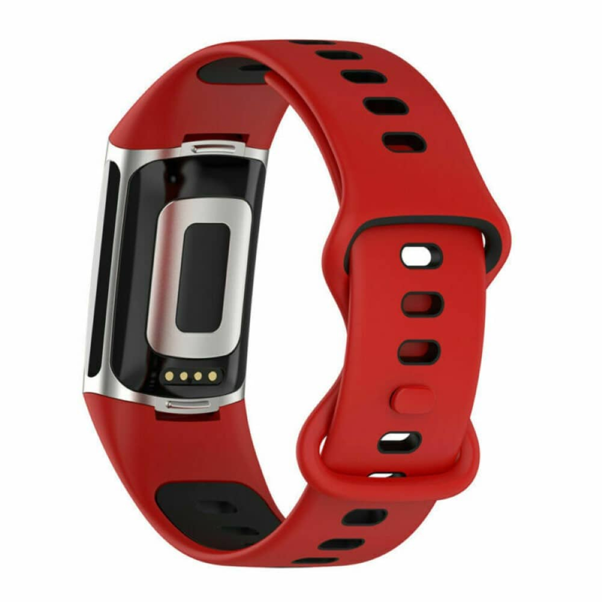 Rotes Smartwatch-Armband mit schwarzen Akzenten, mit Verschluss und Löchern zur Anpassung.