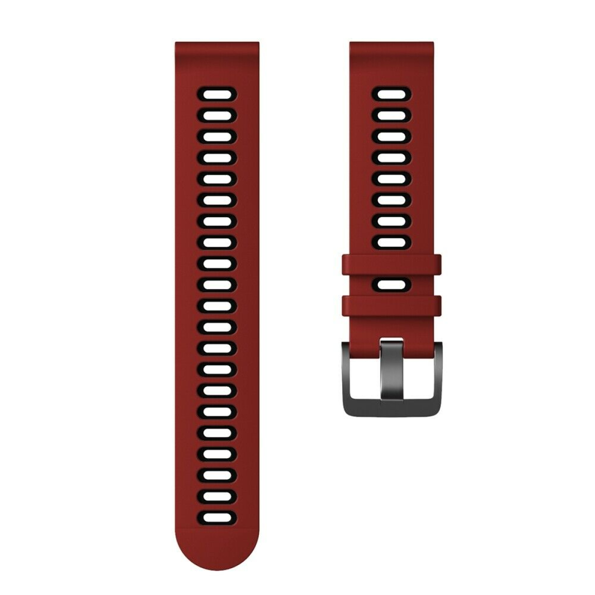 Rotes Smartwatch-Armband mit Löchern und schwarzer Schnalle.