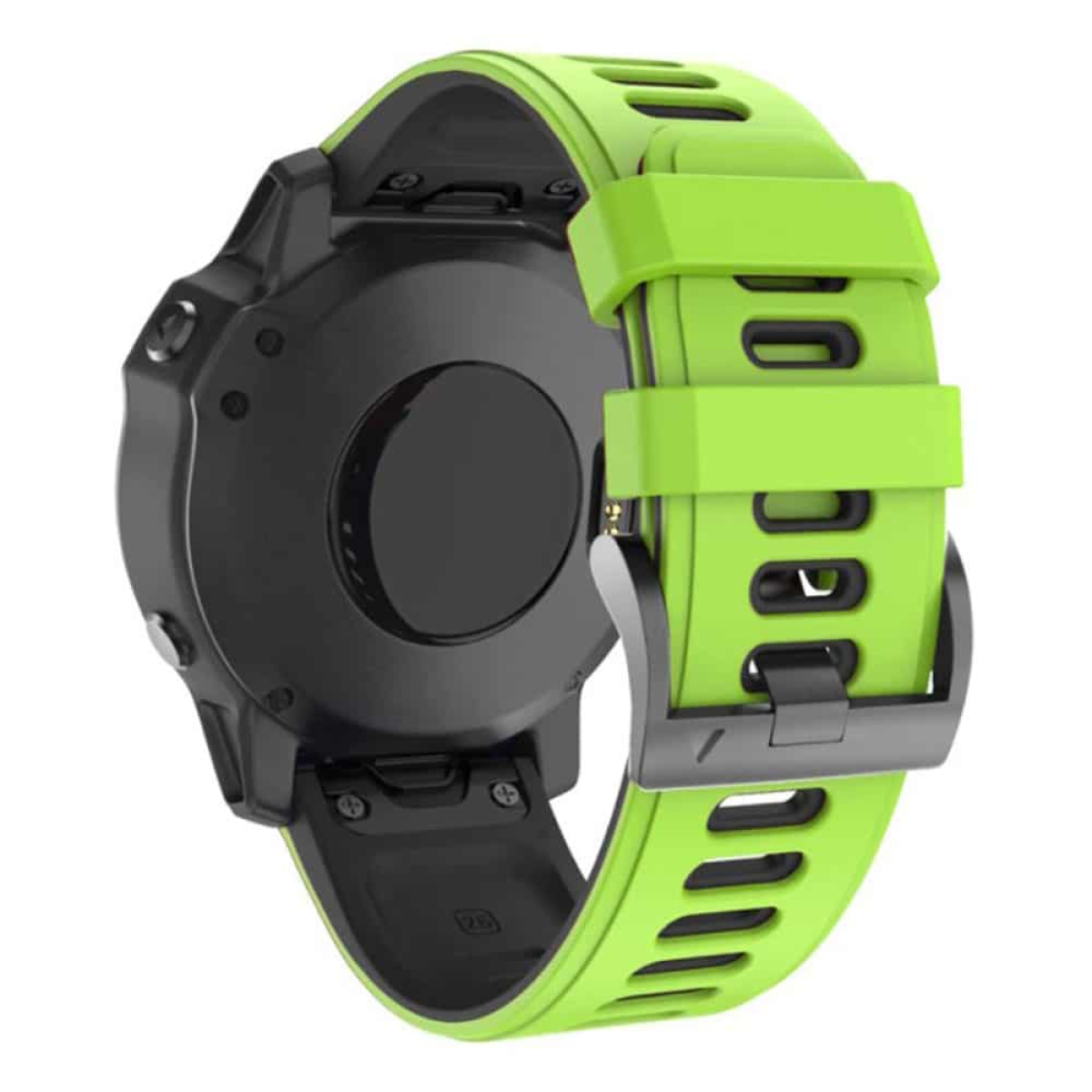 Grünes Uhrenarmband, mit sichtbarer Rückseite der Uhr. Schwarz-grünes Farbschema. Weißer Hintergrund.