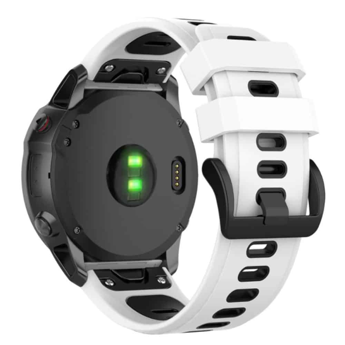 Eine schwarz-weiße Smartwatch. Die Rückseite zeigt grüne Sensoren und ein weißes Armband.
