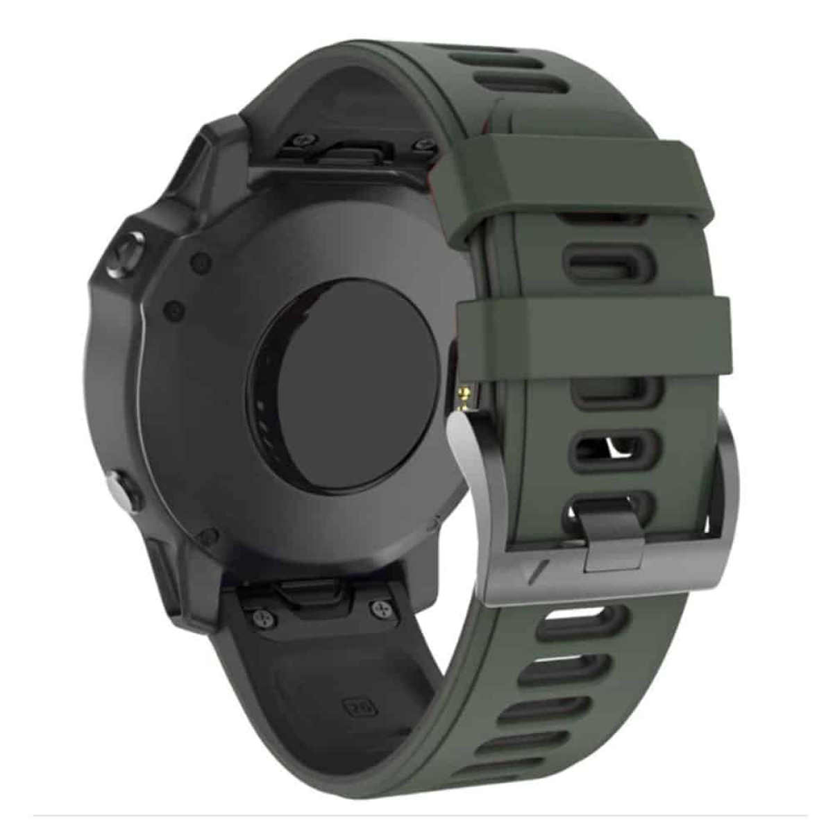 Schwarze Smartwatch von hinten mit grünem Armband.