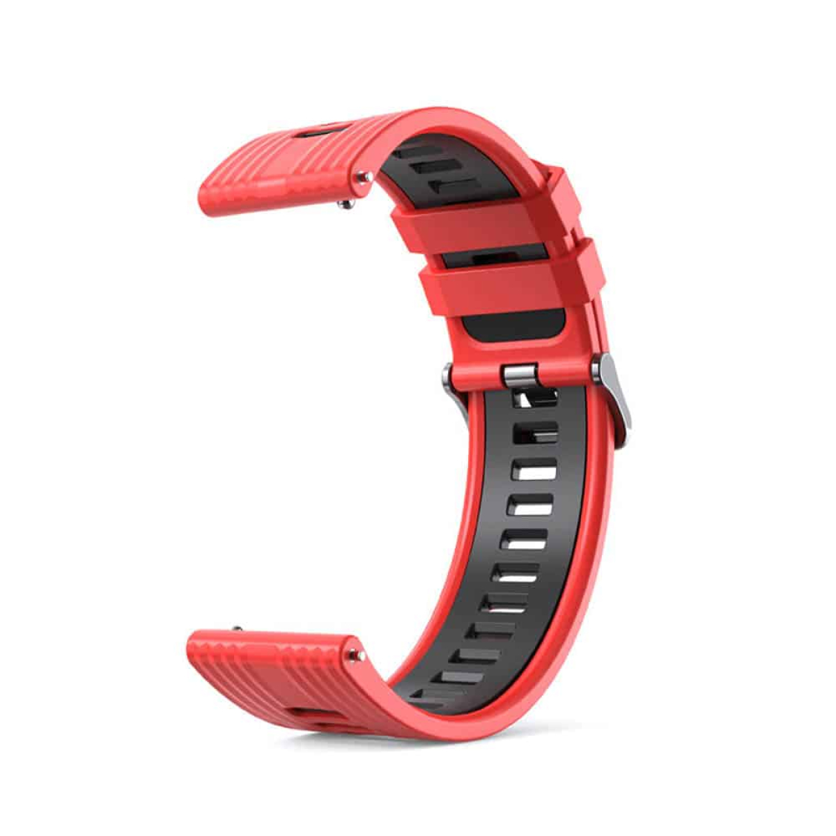 Rotes und schwarzes Uhrenarmband. Das Armband hat eine Metallschnalle.