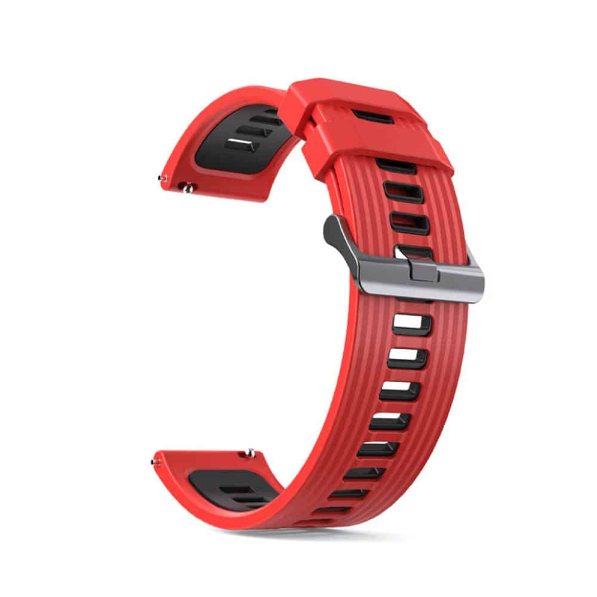 Rotes Uhrenarmband mit schwarzen Details, mit silberner Schnalle.