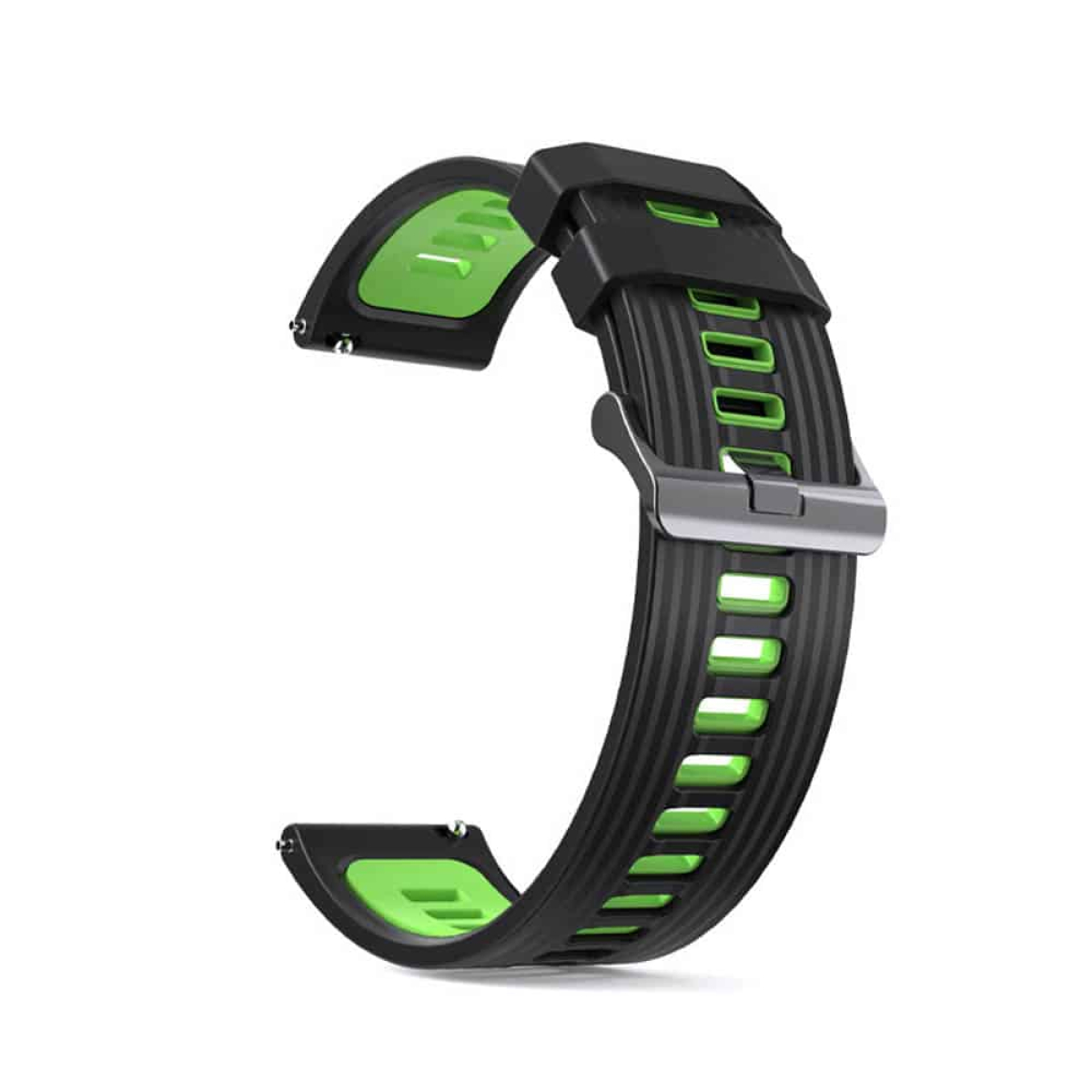 Schwarzes und grünes Uhrenarmband mit silberner Schnalle. Das Armband ist gebogen und zeigt das grüne Innere.