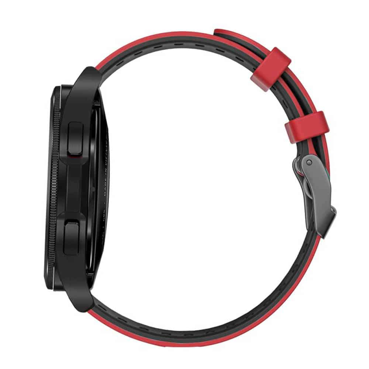 Seitenansicht einer schwarzen Smartwatch mit rotem und schwarzem Armband.