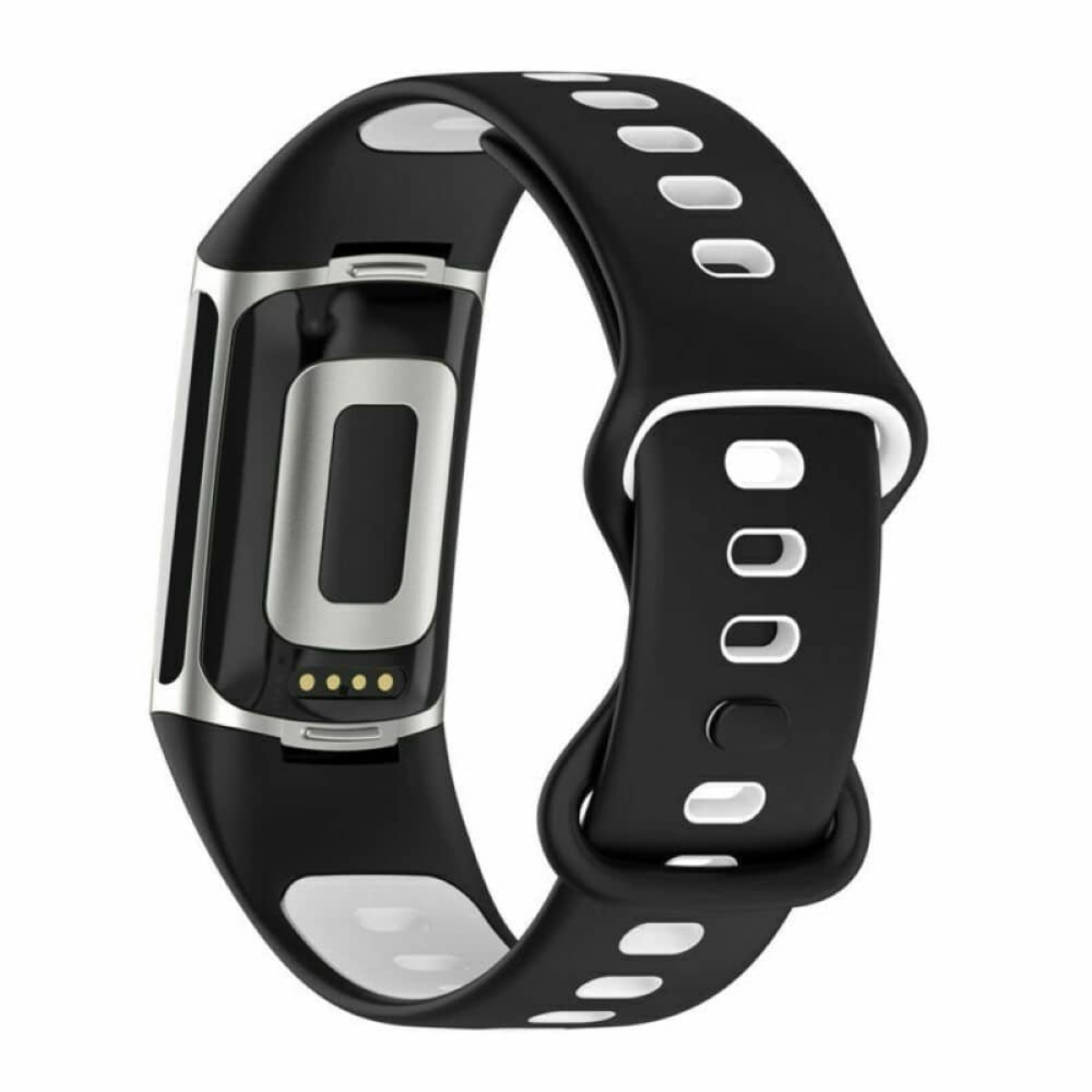 Schwarzer Fitness-Tracker mit einem schwarz-weißen Armband. Das Armband hat Löcher zur Anpassung.