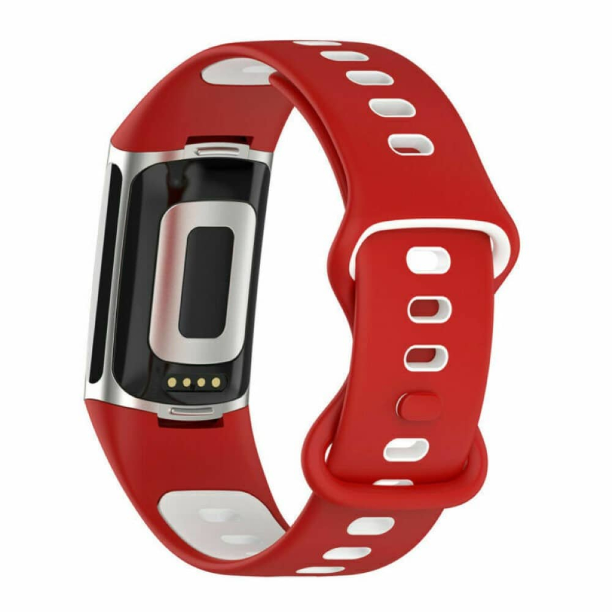 Roter Fitnesstracker mit schwarz-weißem Display und rotem Armband mit Löchern.
