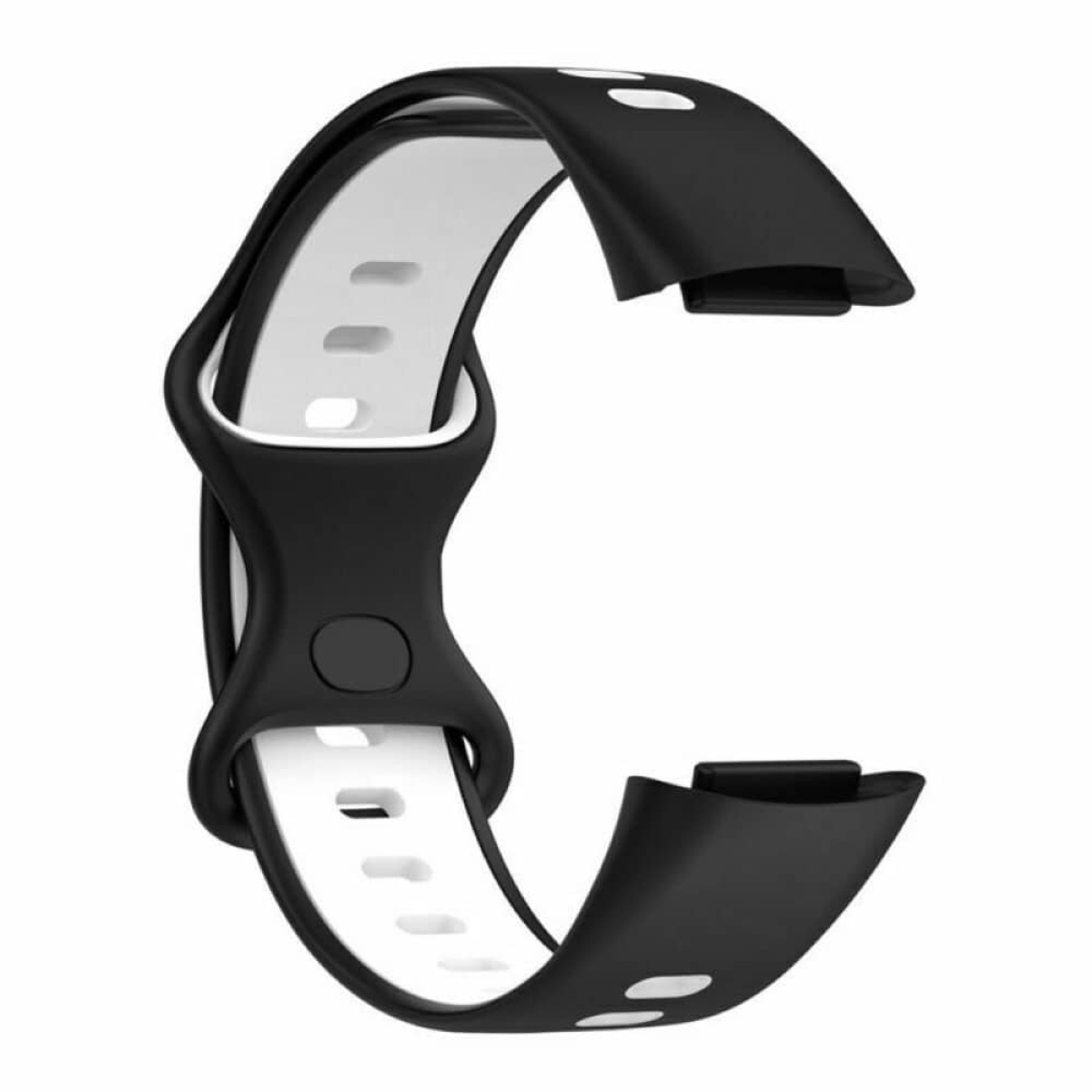 Schwarz-weißes Uhrenarmband. Das Band ist gebogen und hat weiße Abschnitte.