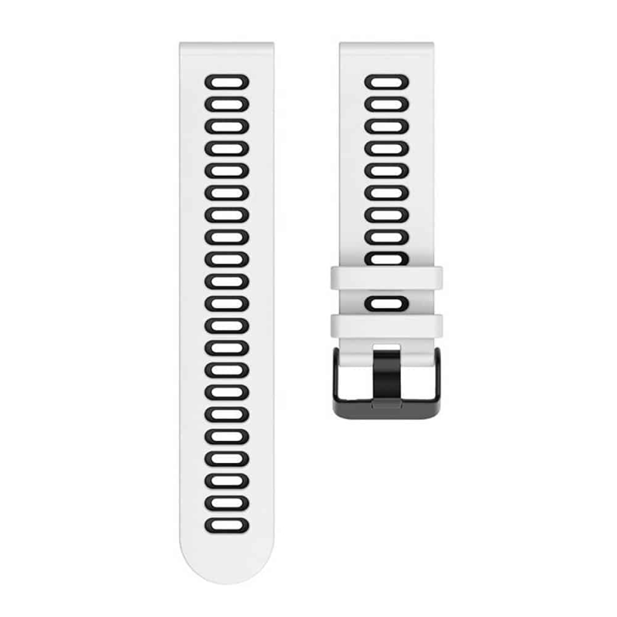 Weiße Uhrenarmbänder. Eines lang, eines kurz mit schwarzer Schnalle.
