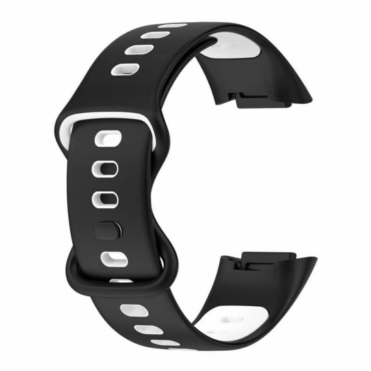 Schwarz-weißes Armband in C-Form mit Löchern. Es hat einen Verschluss an einem Ende.