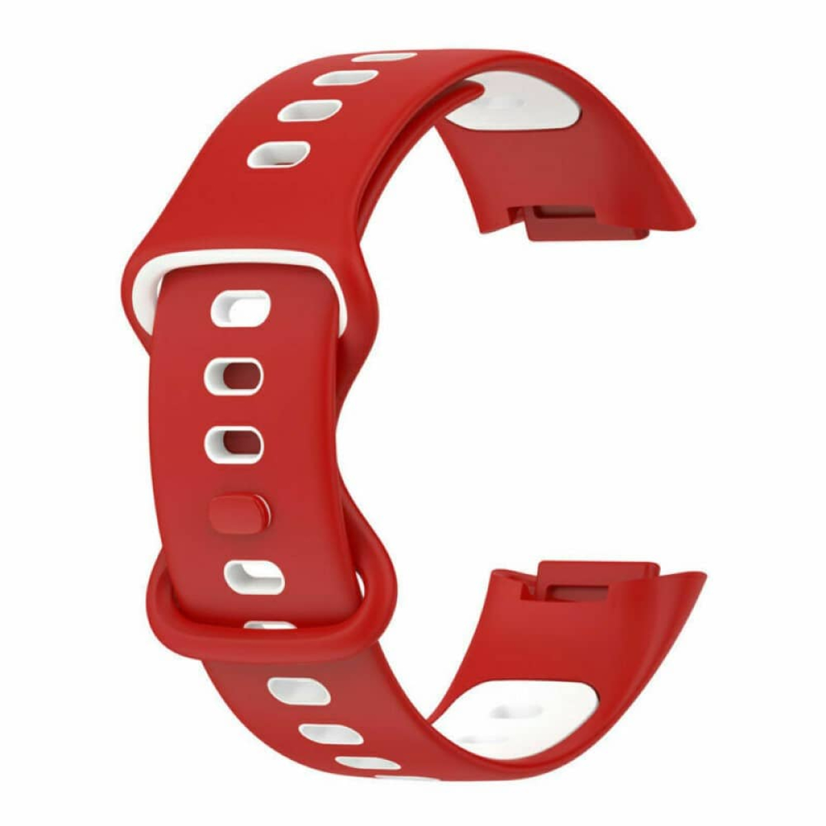 Rotes Smartwatch-Armband mit weißen Akzenten und weißen Löchern, geschwungene Form.
