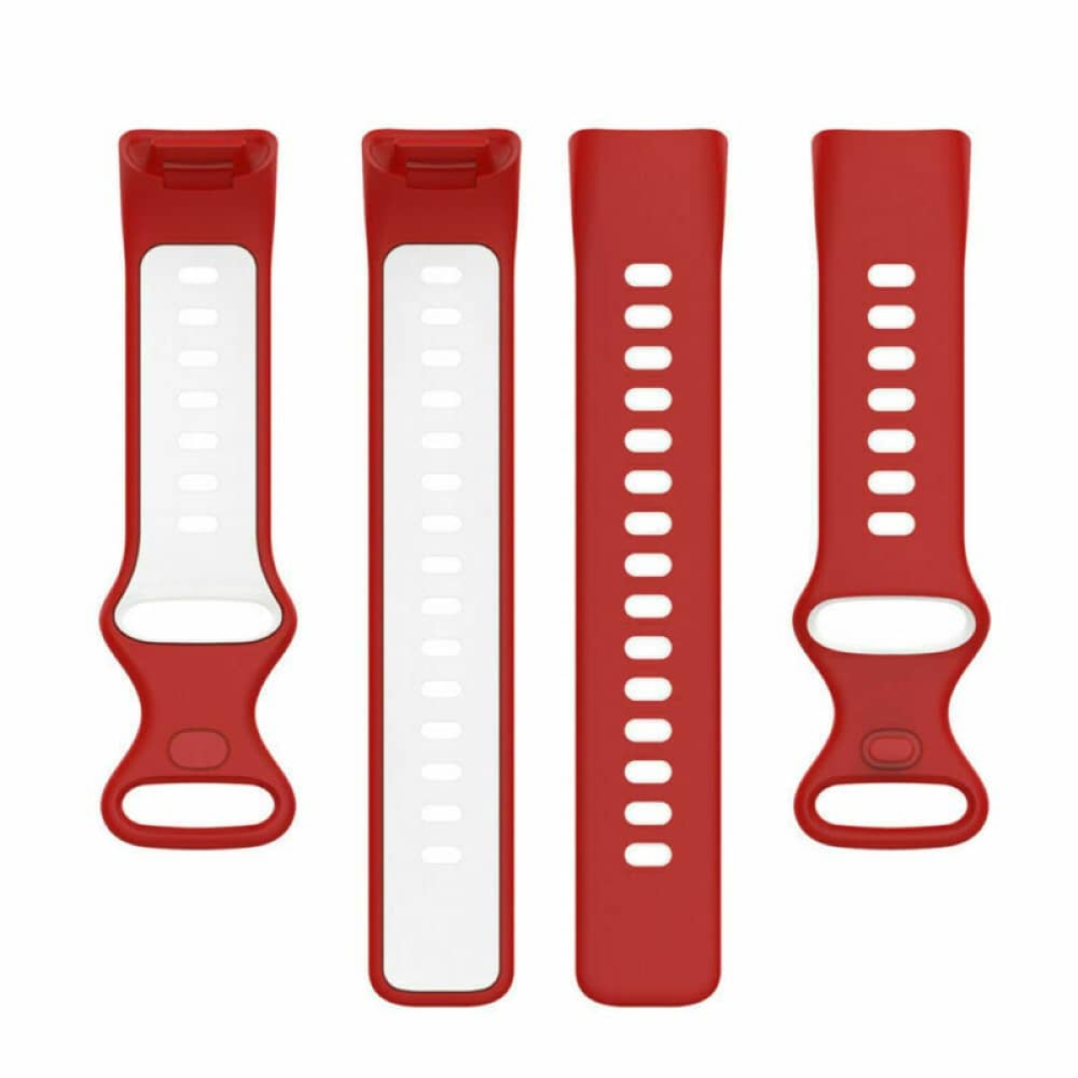 Vier rote und weiße Smartwatch-Armbänder. Zwei sind durchgehend rot, zwei haben weiße Einsätze.