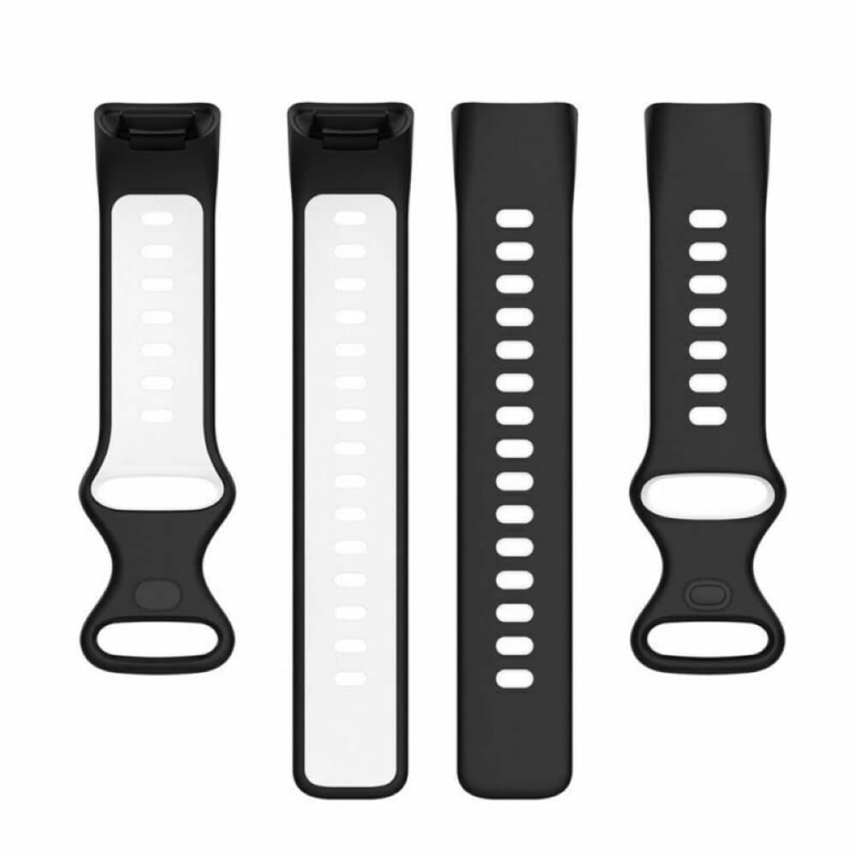Vier Uhrenarmbänder. Zwei schwarze und zwei weiße. Armbänder haben Linien und Löcher für die Schnalle.
