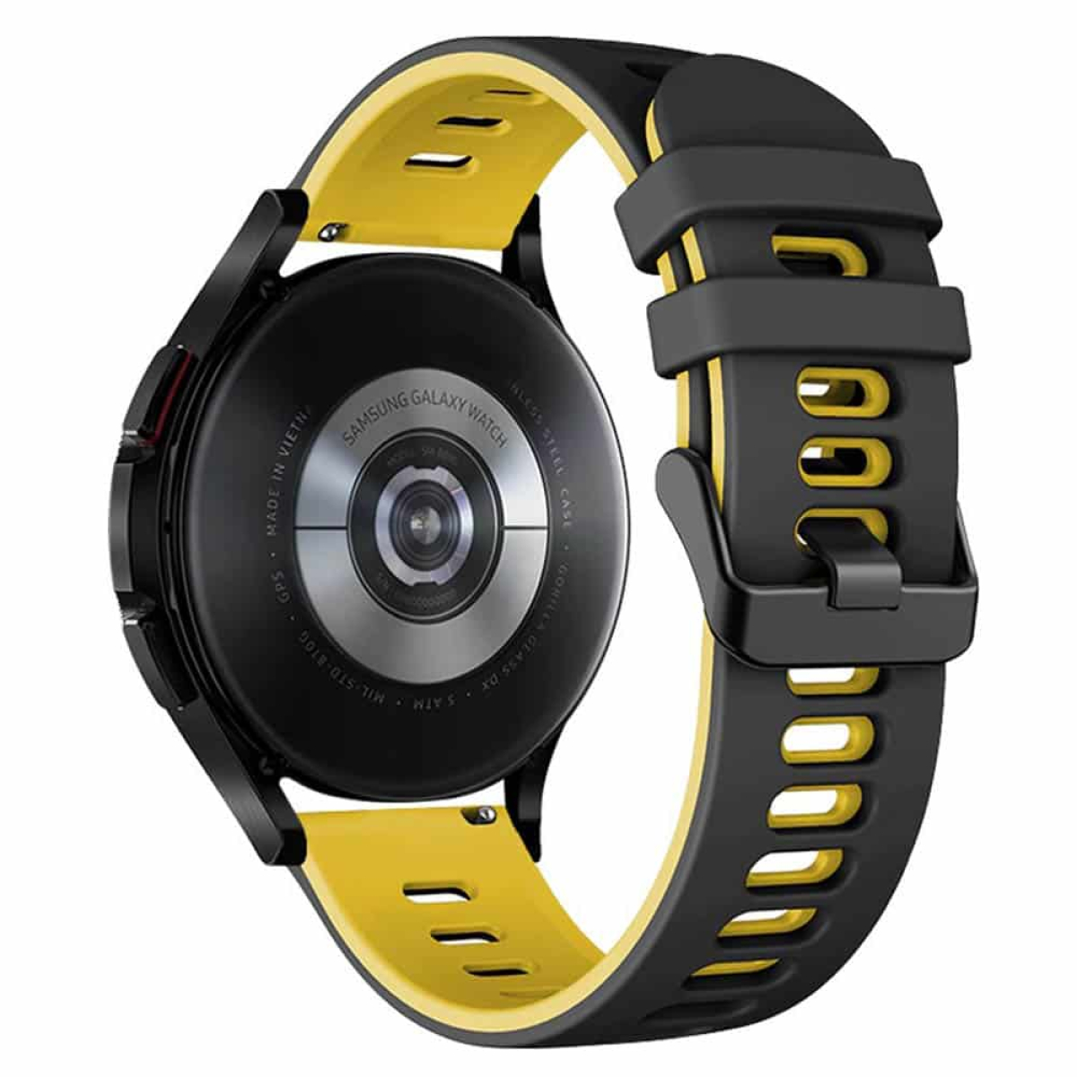 Smartwatch mit schwarzem Gehäuse und gelb/schwarzem Armband, Rückseite zeigt Sensoren.