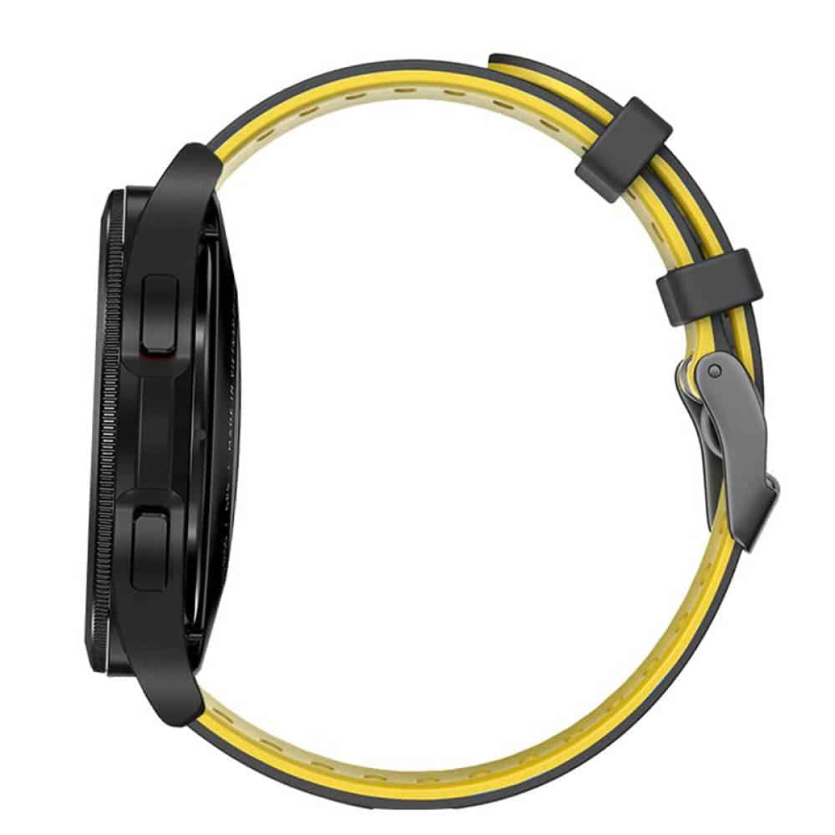 Schwarze Smartwatch mit gelb-schwarzem Armband, von der Seite betrachtet.