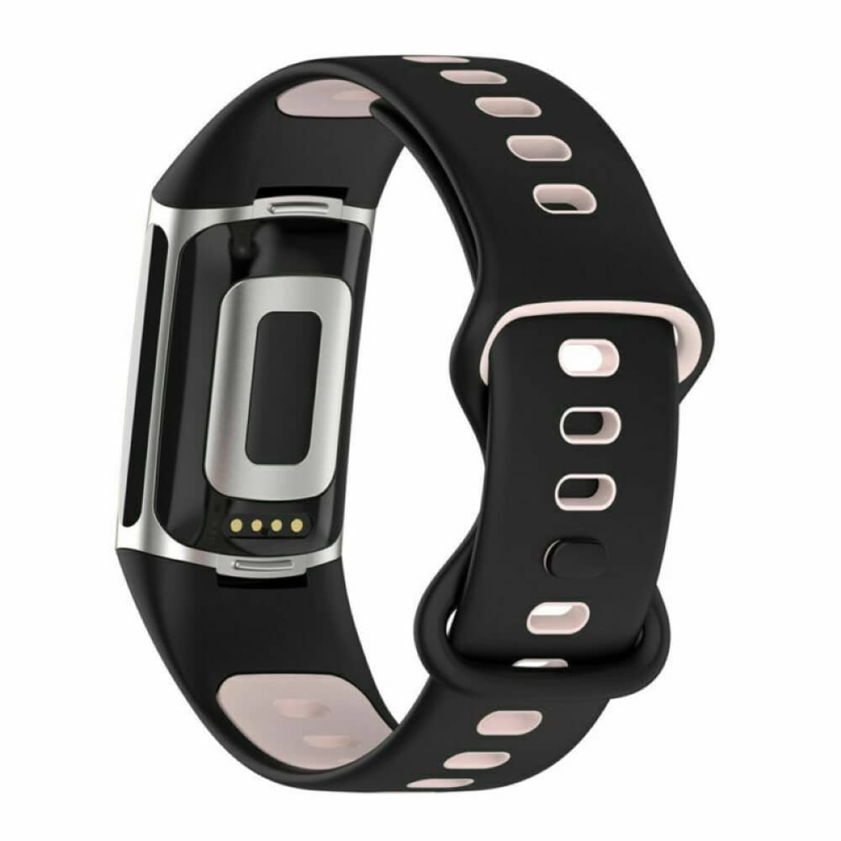 Eine schwarze und silberne Fitness-Tracker-Uhr mit einem schwarzen Armband und rosa Akzenten, die ihr Zifferblatt zeigt.